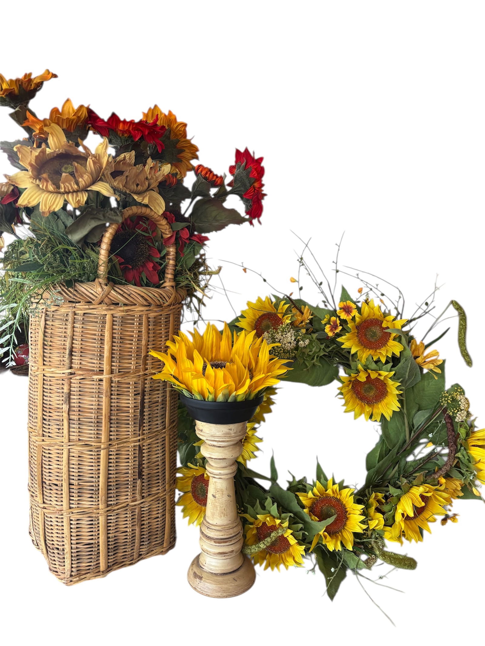 Woven European-Style Market Basket with Faux Sunflowers & More: Large vibrant three color faux sunflowers long stem with added greenery, and European style two handle market basket with ribbed detailing, a spindle candle stick with distressed finish and sunflower