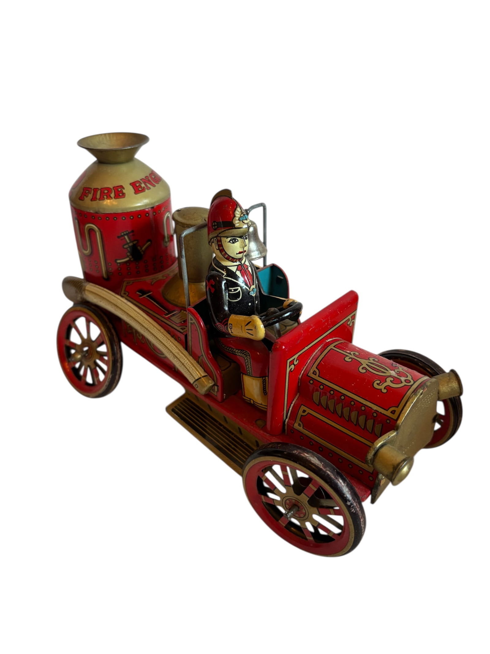 Vintage Tin Litho "Fire Engine 1912" Pumper Truck: This friction powered tin fire engine is made with tin metal and lithograph construction with fixed fireman figure and bell, vibrant red with gold black and blue graphics on water tank and body. Moder