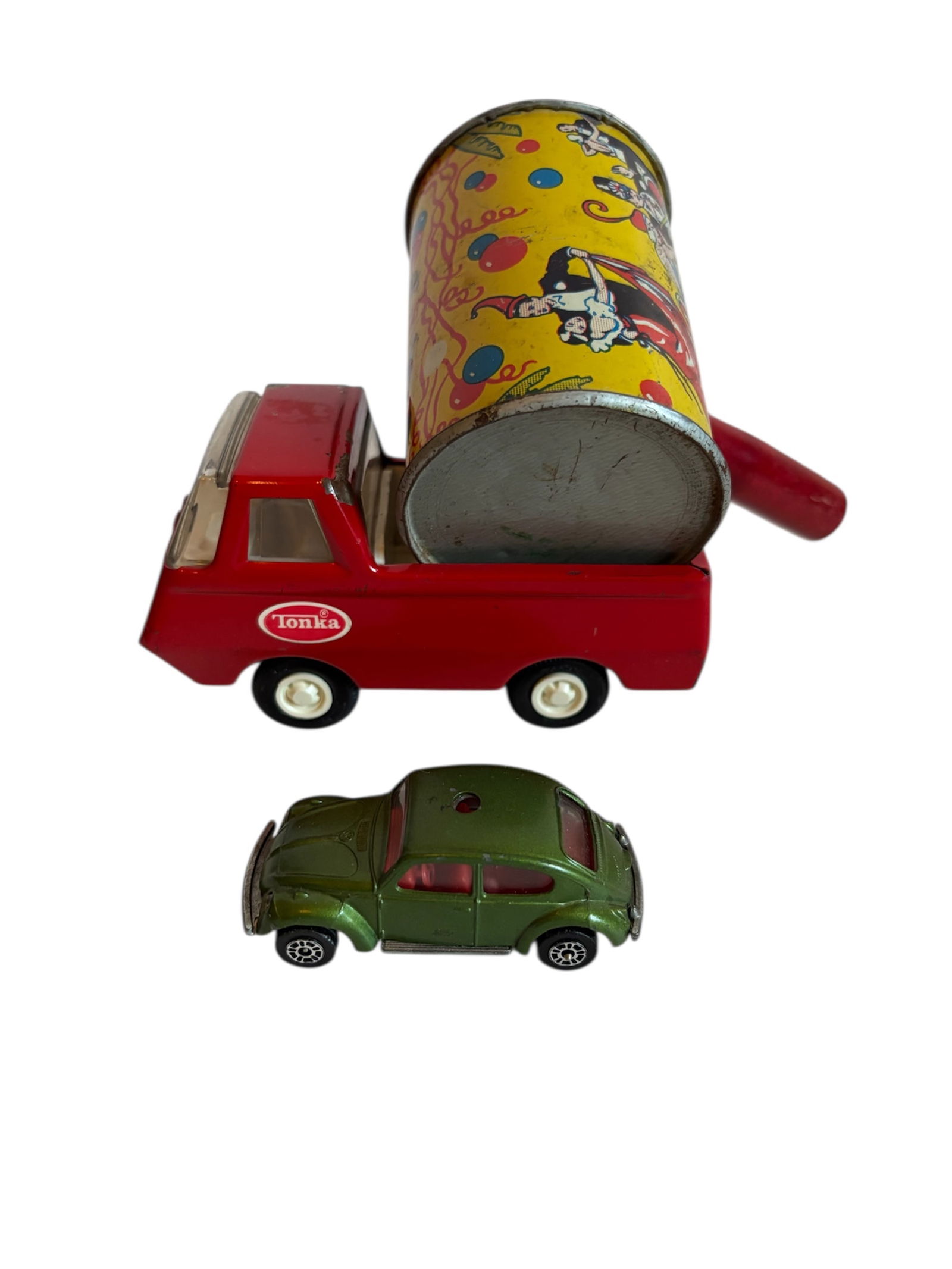 1970s Toy Cars & Tin Lithograph Party Noisemaker: Vintage Tonka truck pressed steel made in the USA 4.5" red ecocline pickup truck toy car, and Wizzwheels Volkswagen 1300 Beetle die cast toy car in green. Also included in lot 1950s Made in the USA Me