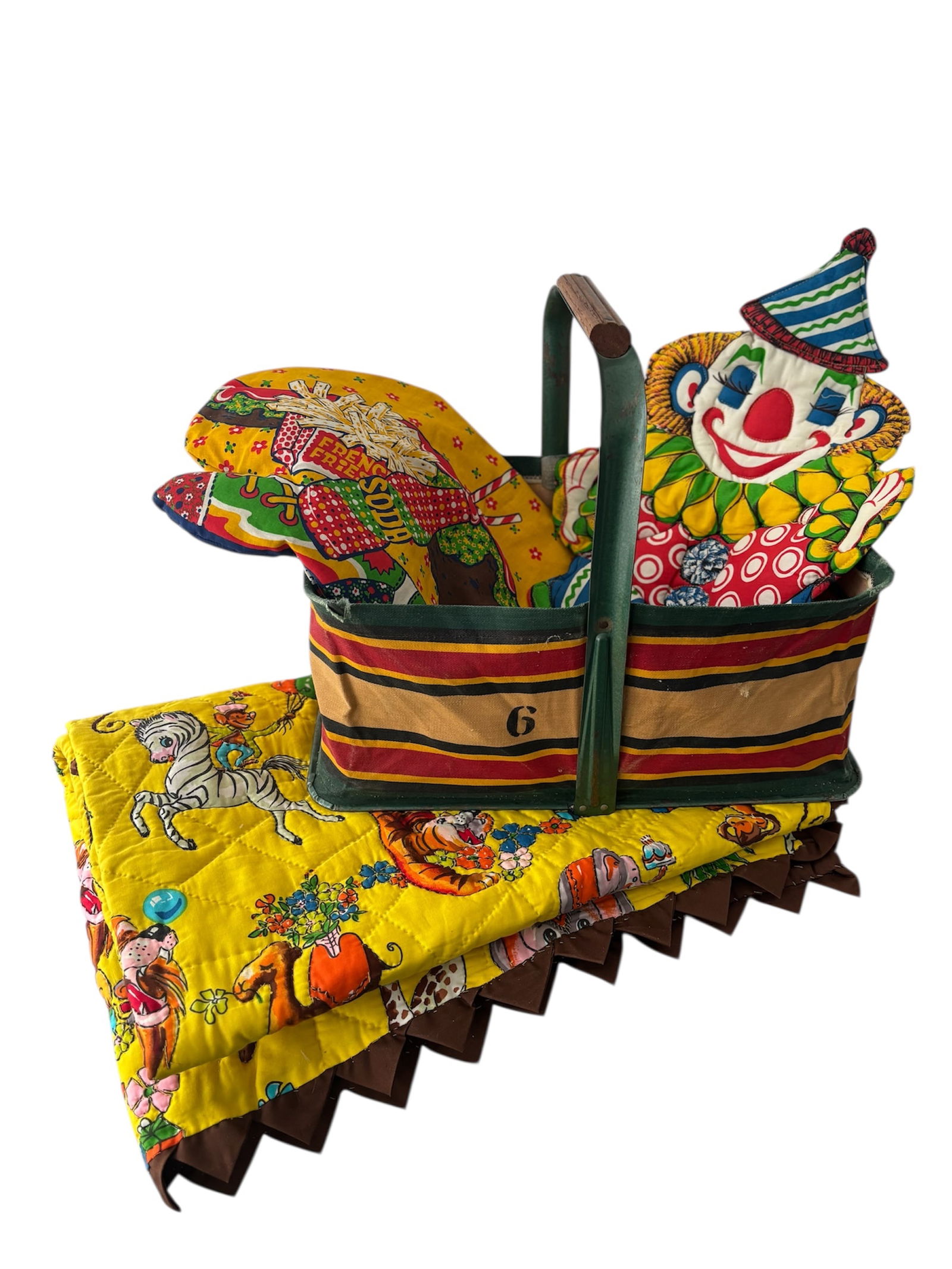 Vintage Circus Themed Baby Blanket & Pillows with Basket: Large colorful clown face pillow, blanket with giraffes, dogs and jungle animals in bright yellow with quilted pattern c 1970s. Also included Hamburger and Fries puffy pillow in bright yellow, and vin