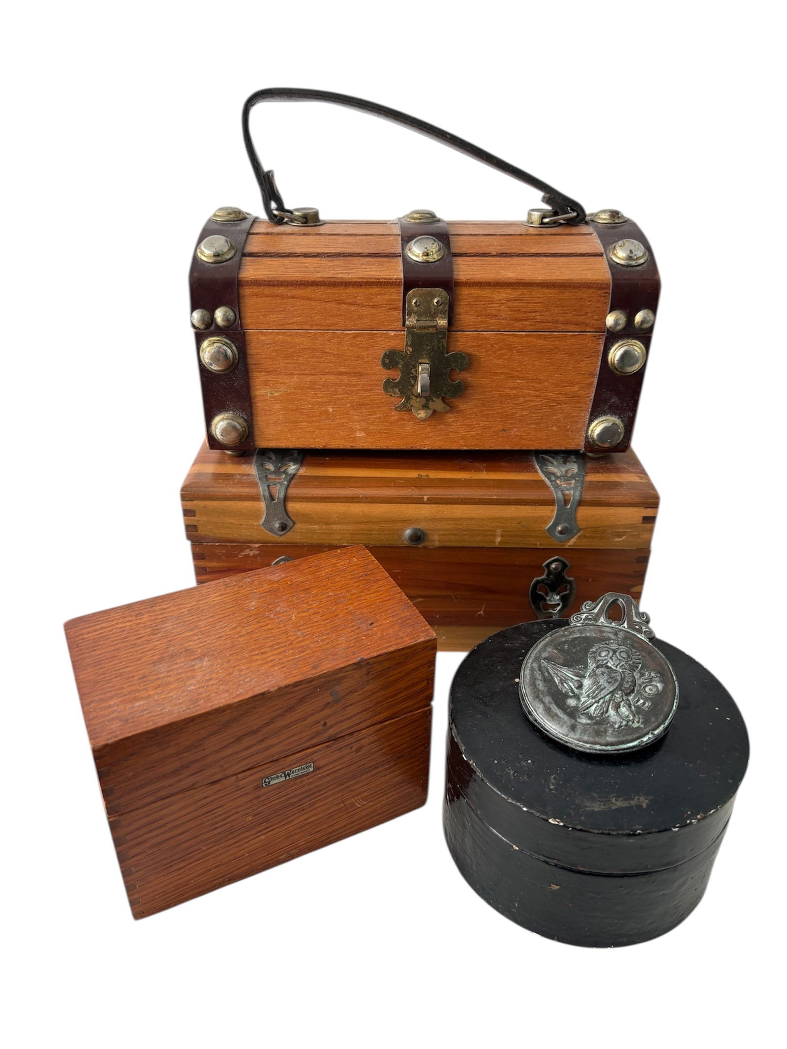 Collection of Vintage Wood Tabletop Chests & Vintage Accents: Including 2 wood gentlemen boxes/chests including "Mr.R" with leather and metal hardware, and twist lock. McGraw Box Co New York. Mini cedar chest with ornate metal overlay details and two handles, Ol