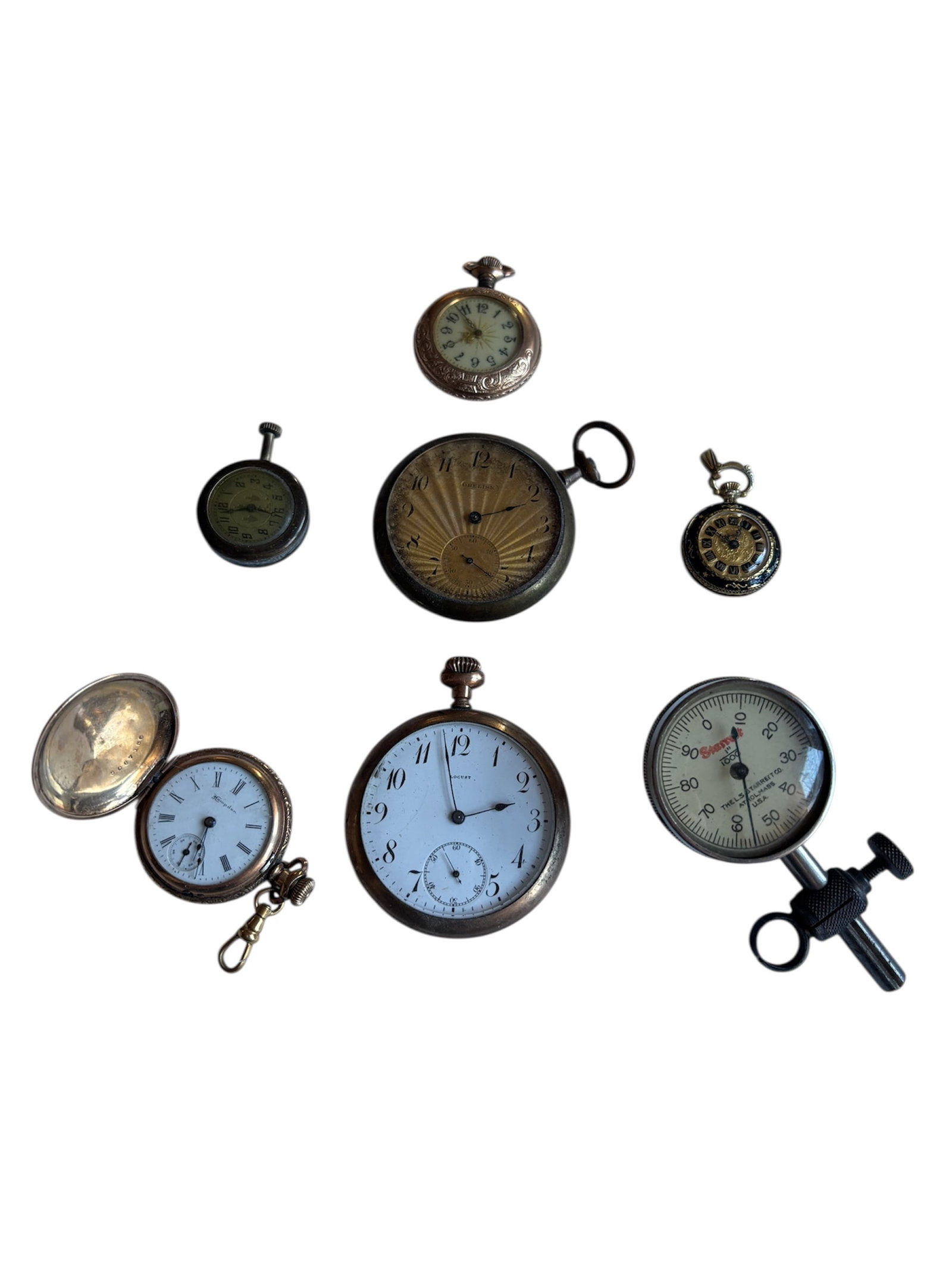 Collection of Vintage & Antique Pocket Watches: Featuring silver and gold plated pocket watches in various designs, sizes, including 1 gold filled, Dueber Watch Case Co. Ohio "Dueber Special" trademark for high-grade 14k gold-filled case (not solid