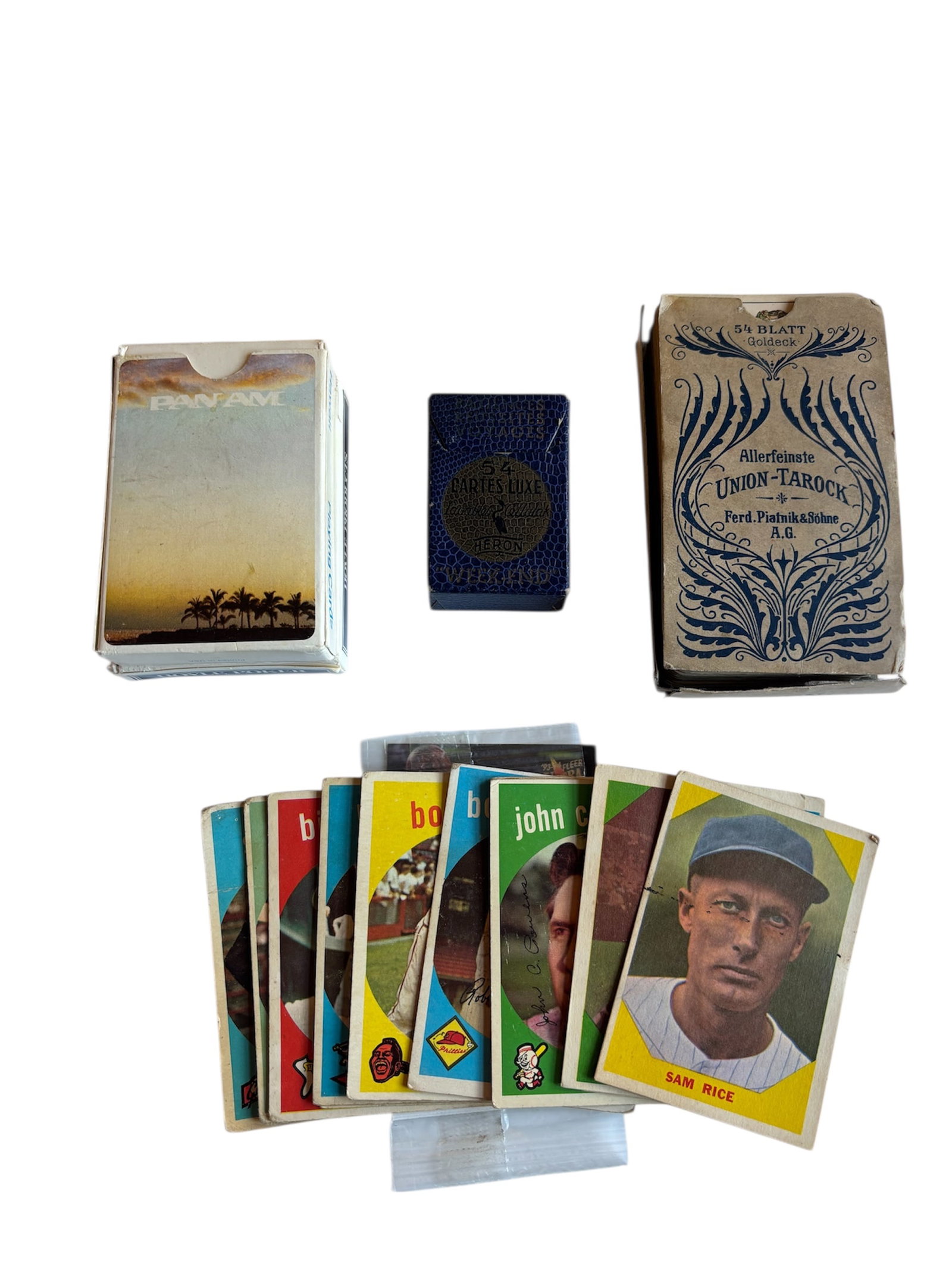 Allerfeinste Union Tarock Cards & Heron Weekend Playing Cards: Vintage deck of "Heron Weekend" playing cards in navy miniature travel case, and Vintage Allerfeinste Union-Tarock cards Vienna Austria 54 Blatt "Gold Deck" manufactured by Ferd. Piatnik & Sohne A.G.