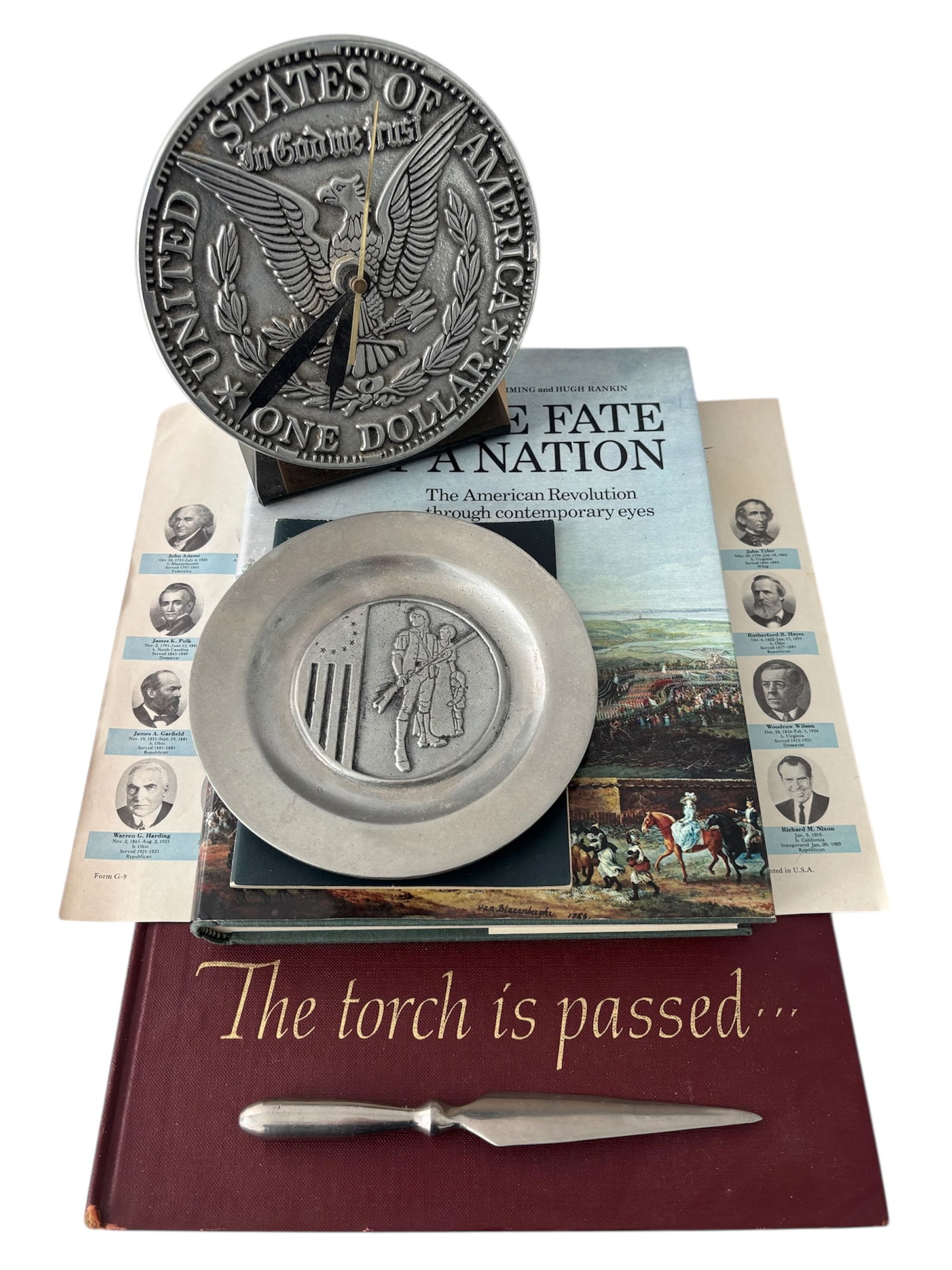 Assorted Americana Presidential Collectibles: American 7" Bicentennial pewter/metal clock with US dollar coin on stand 1981 Corp. Gift of Kwik Kopy Printing, Pew-Ta-Rex 6" Masury Bicentennial Edt. trinket dish with raised relief design Americana