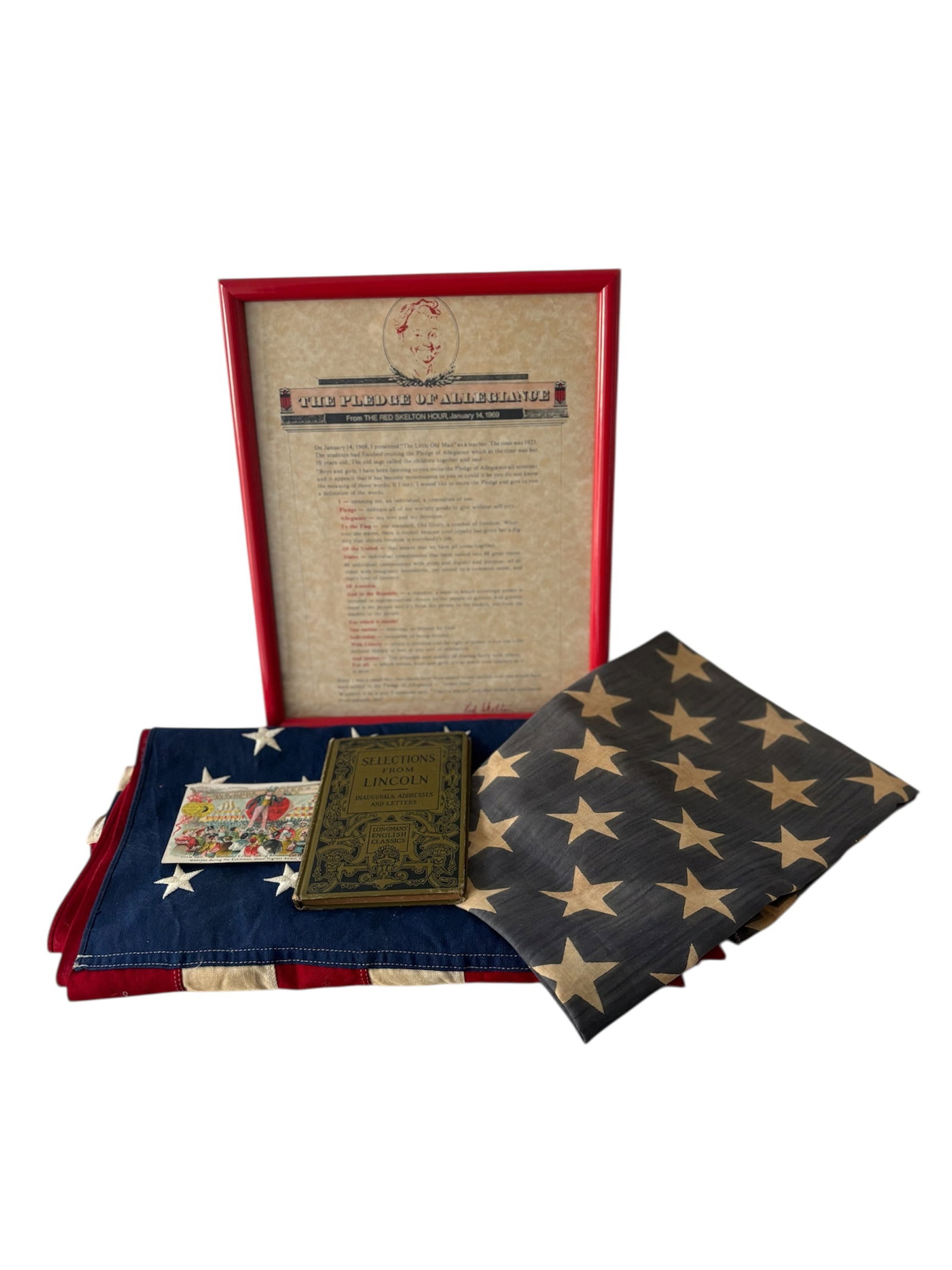 Assorted Americana Collectibles & Flags: "Selections from Lincoln" vintage hardback and vintage postcard certificate with American motif "Uncle Sam", Old American flag and Bull Dog Bunting 3x5 American Flag 100% cotton, Framed print of Red S