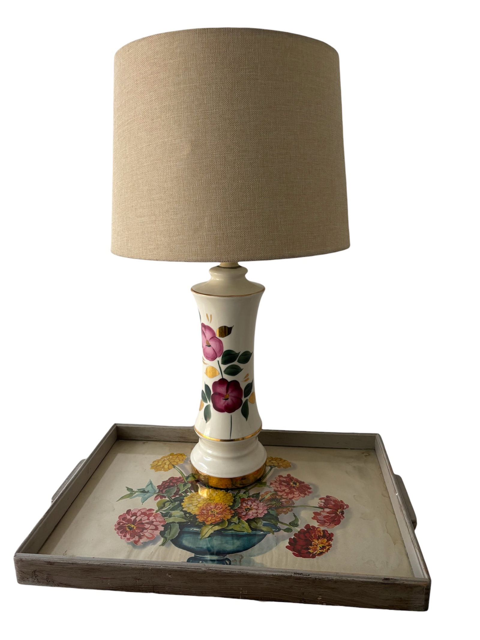 Mid Century Hand Painted Floral Lamp & Serving Tray: Hand painted porcelain table lamps with newer linen rom shade, and vibrant cranberry floral motif on white background with dark green and gold accents. Mid Century base. Also included in lot vintage r