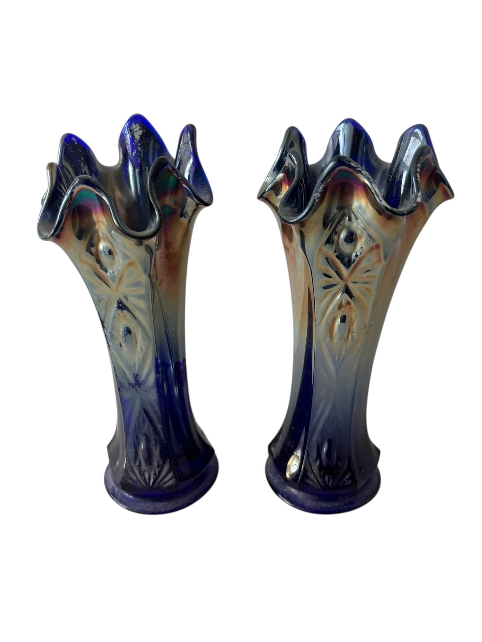 Pair of Antique Cobalt Blue Iridescent Swung Glass Vases (1 of 7)