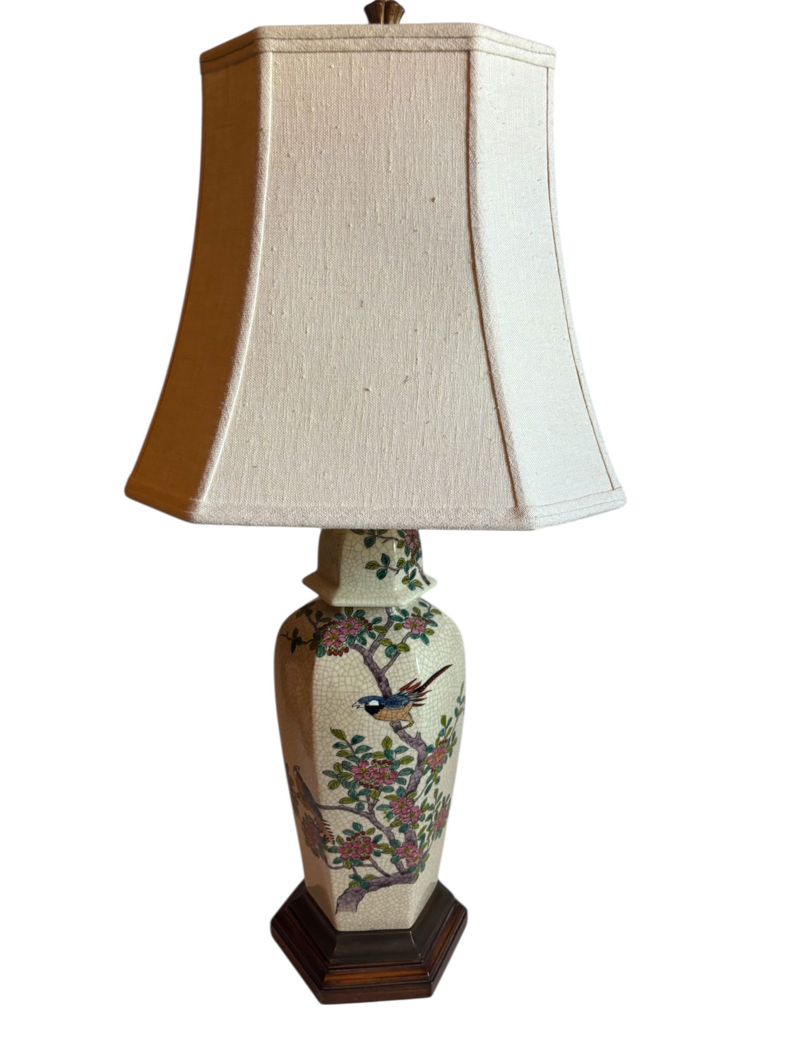 Paul Hanson Ceramic Chinoiserie Table Lamp: High Quality Paul Hanson ceramic lamp with asian inspired hand painted bird and floral motif, Ginger Jar shaped lamp base on pedestal has crackle glazed finish and vibrant colors.