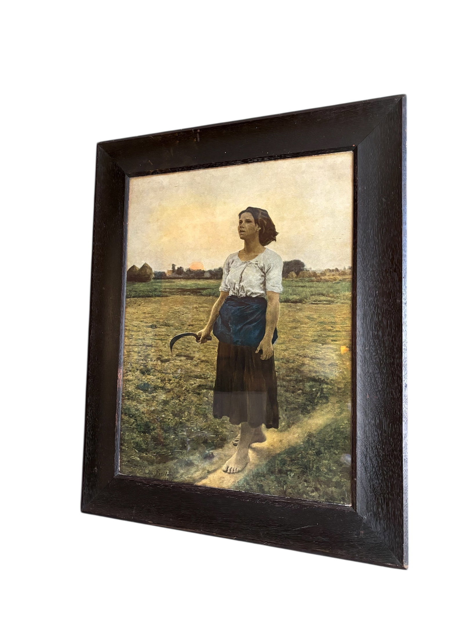 "The Song of the Lark" Framed Print: French artist Jules Breton, in black wood frame with rustic aesthetic depicting young peasant woman with a sickle at dawn.
