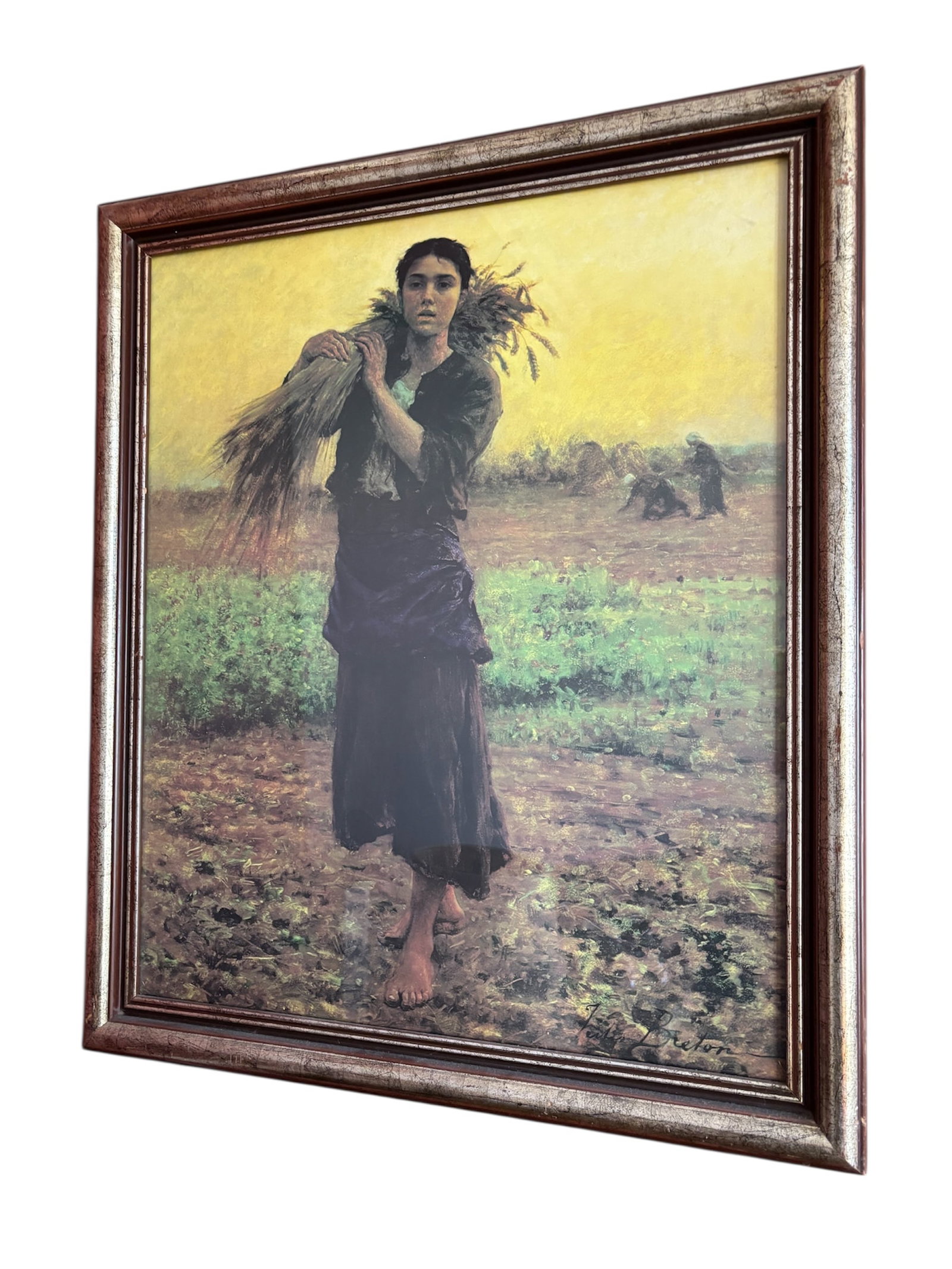 "At the End of the Day" Framed Print: French artist Jules Breton "End of the Day" painting print in warm gold and green tones with metalic frame under glass.