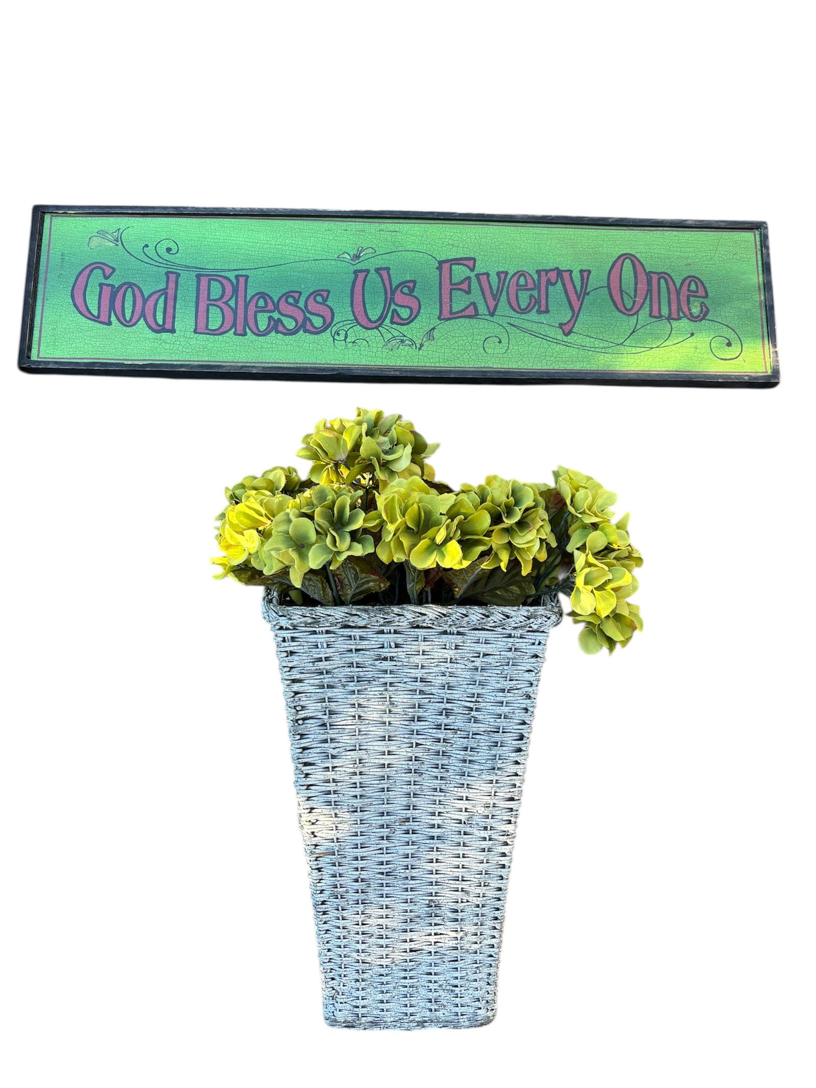 "God Bless Us Every One" Wall Plaque & More: Farmhouse style sign with red text on green background with black wood frame and wire hanger. Hand painted scroll work and crazing finish. Also included in lot a shabby chic wicker wall basket with fa