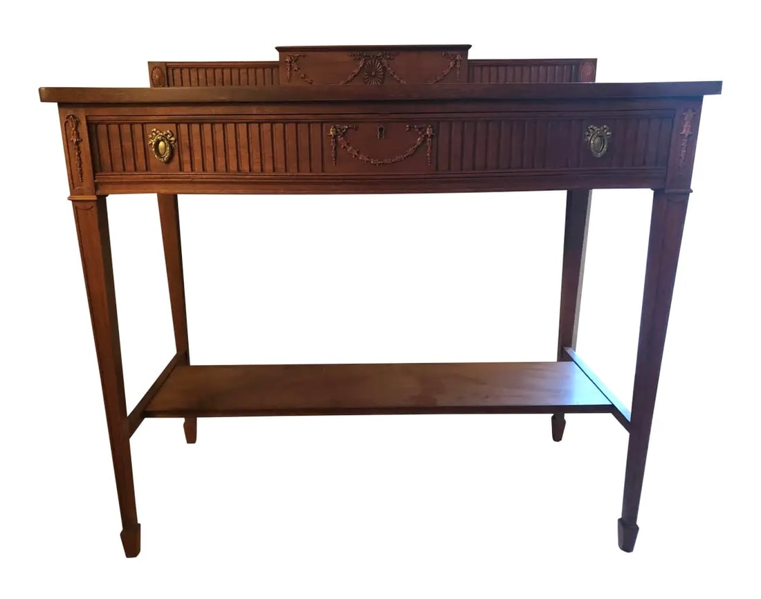Art Deco Inspired Sideboard: Art deco elements on back splash and drawer, very versatile piece could be used as a dry bar, sidebar or even repurposed into a sink counter with open base. Victorian aesthetic, brass hardware and ope