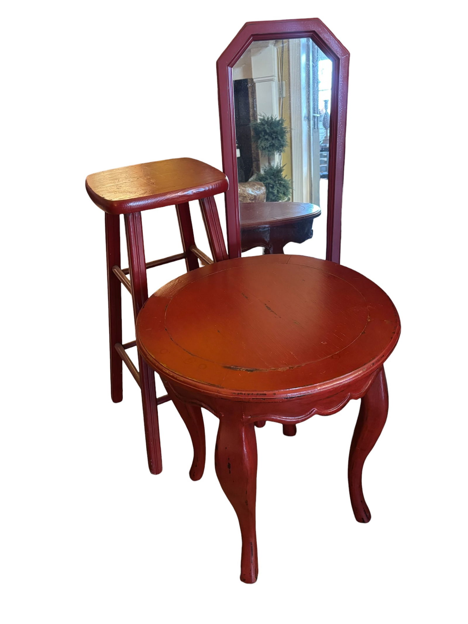 French Country Red Accent Table and More: Round rustic rubbed red painted table 22x20" with glass topper and French style leg, distressed finish, 4 leg with scalloped skirt, a 41" mirror with arch top stacked edge frame in red and a red vinta