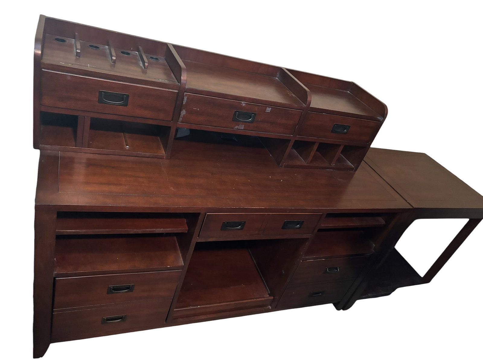 Hooker Office Credenza Unit (3pc): Modern style, Hooker Furniture dark chocolate brown finish, 2 file drawers, 1 laptop drawer, pull out printer section and side table cubby add on with shelf base. Black vintage style hardware. Desk 60