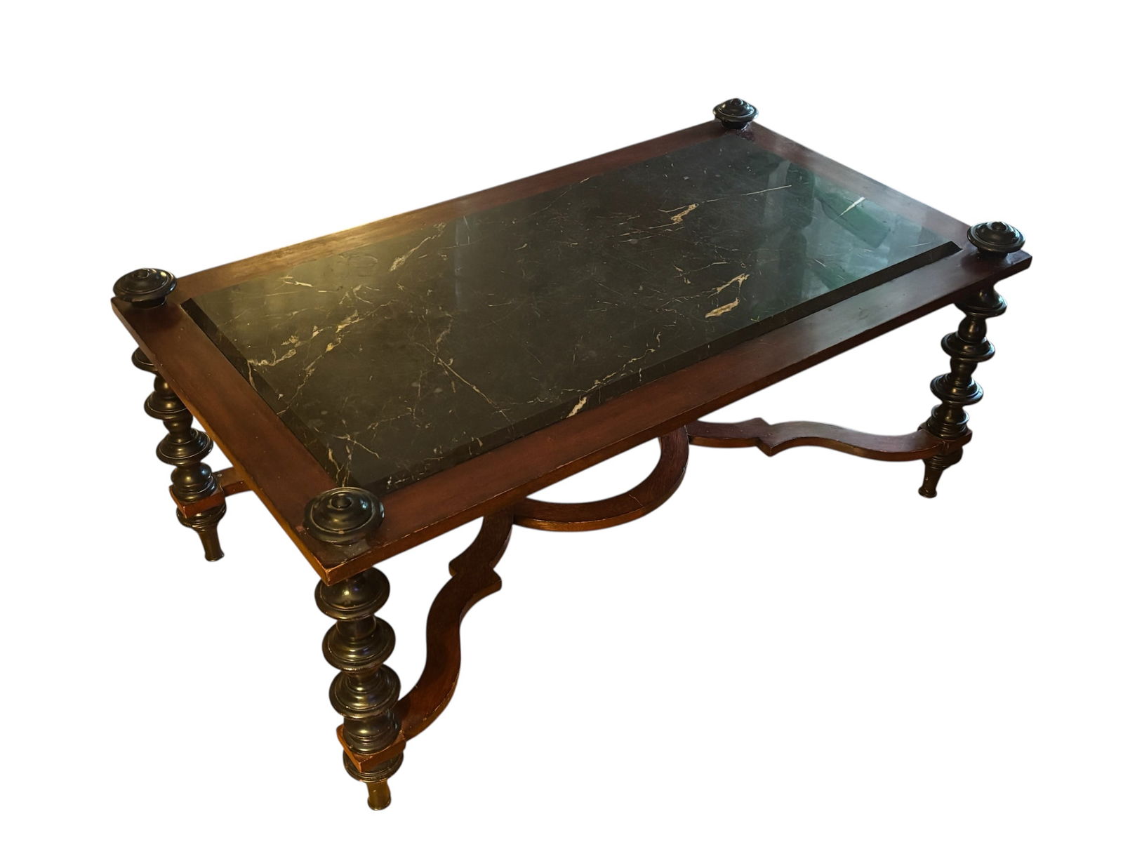 Vintage Baroque Style Black Marble and Turned Leg Cocktail Table: This baroque style coffee or cocktail table with distinctive black marble top. Marble top is inset and a removable slab. Key feature is its heavily turned and carved legs. Finial corners to accentuate