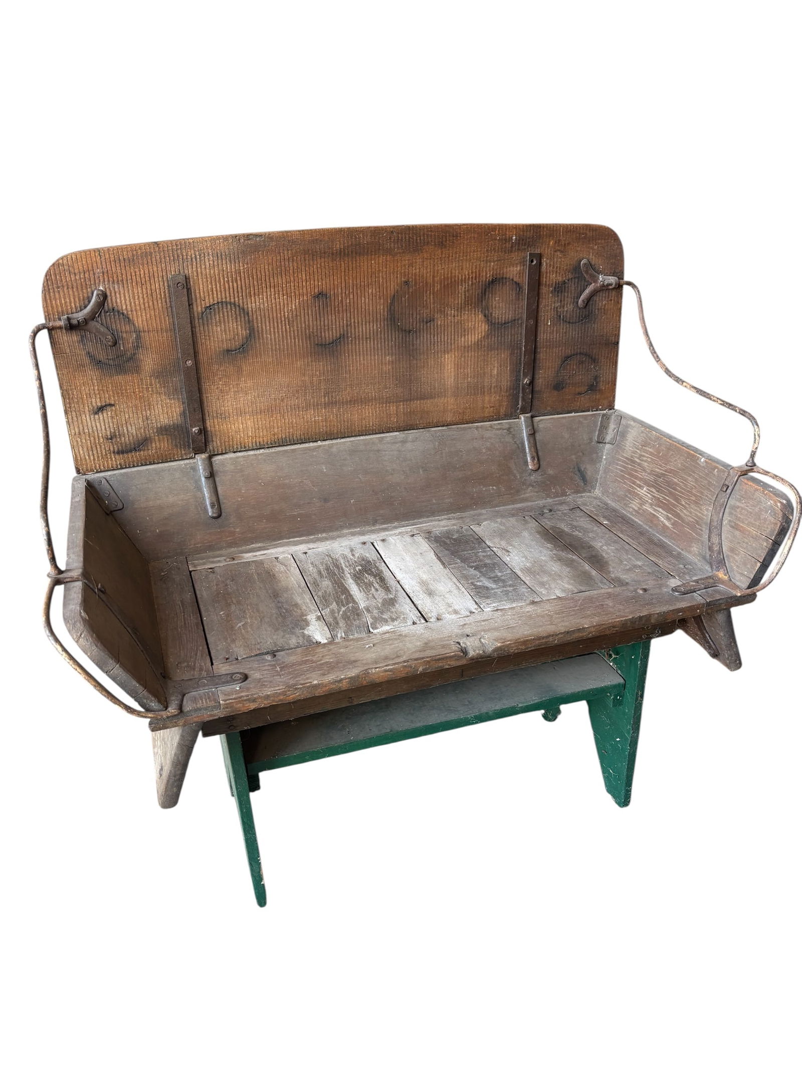 Antique Buckboard Seat with Custom Wood Base: Antique horse drawn buckboard carriage wagon seat with wooden bench base. Iron rails and hardware. Fun garden decor or Farmhouse accent.