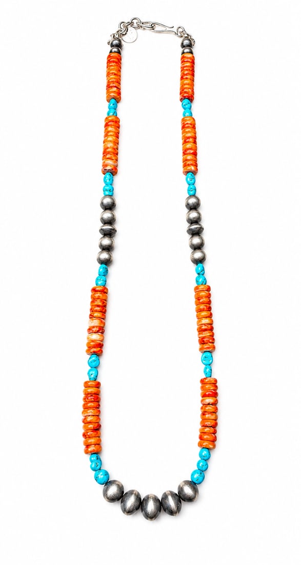 Native American Chimney Butte Family Sterling Silver, Turquoise & Heishi Necklace: Exceptional handmade Native American necklace created by a member of the renowned Chimney Butte family, featuring richly colored orange heishi shell beads accented with vivid turquoise spacers and gra