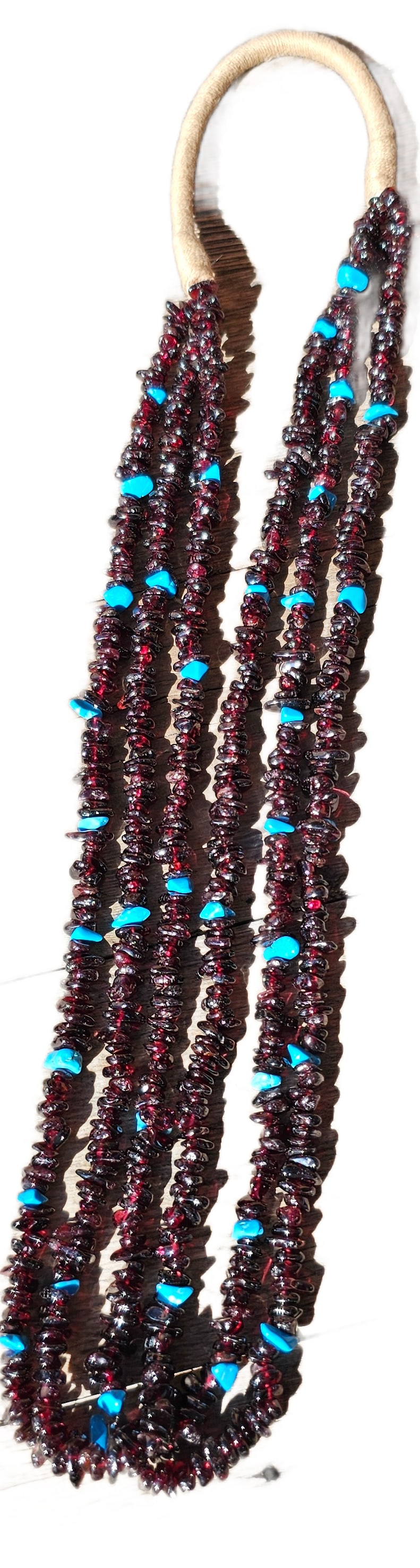 Traditional Santo Domingo Multi-Strand Garnet & Turquoise Necklace: Beautiful traditional Santo Domingo Pueblo multi-strand necklace featuring deep red garnet chip beads accented with vibrant turquoise stones throughout. Hand-strung in the classic Pueblo style, the ne