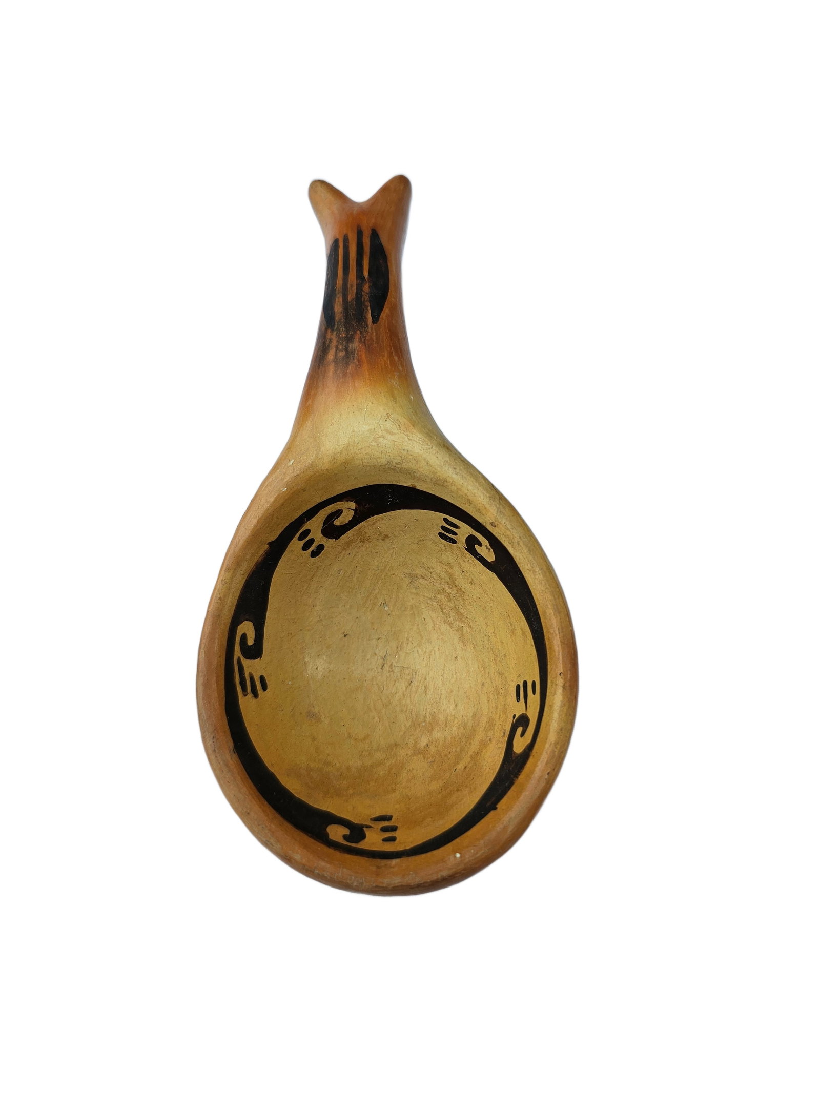 Hopi Corn Clay Ladle with Animal Effigy Handle: This hand-formed Hopi ladle is crafted from traditional corn clay, a material historically used by Hopi artisans for both functional and ceremonial objects. The piece features a warm, burnished surfac
