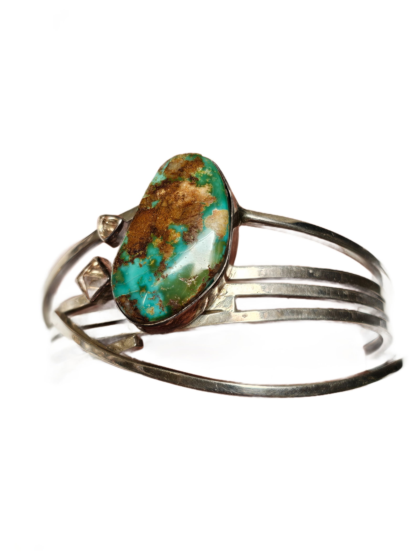 Lilly Barrack Sterling Silver & Natural Turquoise Cuff Bracelet: Exceptional sterling silver cuff bracelet by noted Albuquerque artist Lilly Barrack, recognized for her sophisticated contemporary Southwestern jewelry and sculptural silverwork. This striking handcra