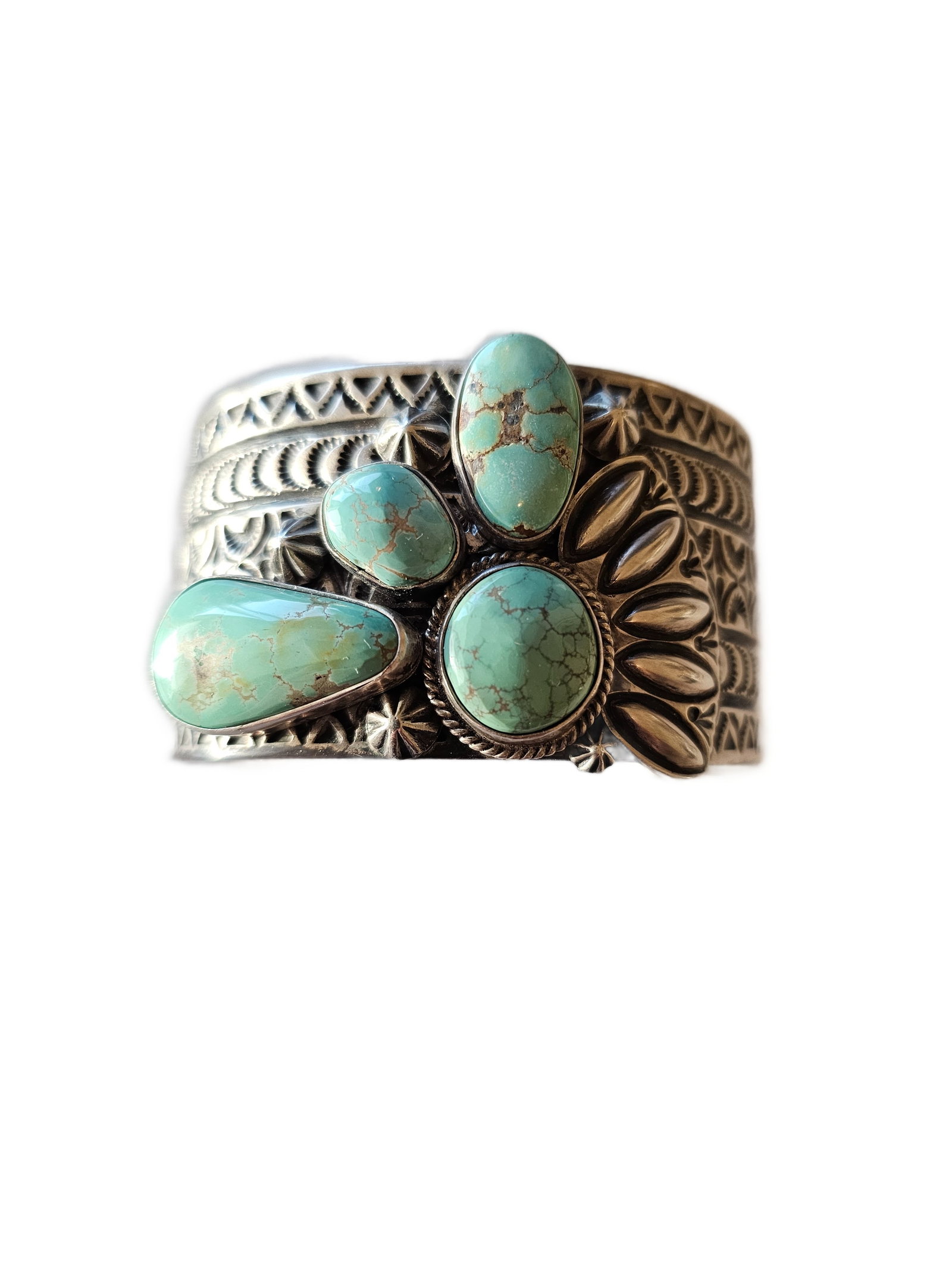 Donovan Cadman Navajo Turquoise Sterling Silver Cuff Bracelet Heavy 87g Signed: Substantial signed Navajo sterling silver cuff bracelet by Donovan Cadman, known for bold traditional stampwork and heavy-gauge silver construction.This impressive cuff features a cluster of natural t
