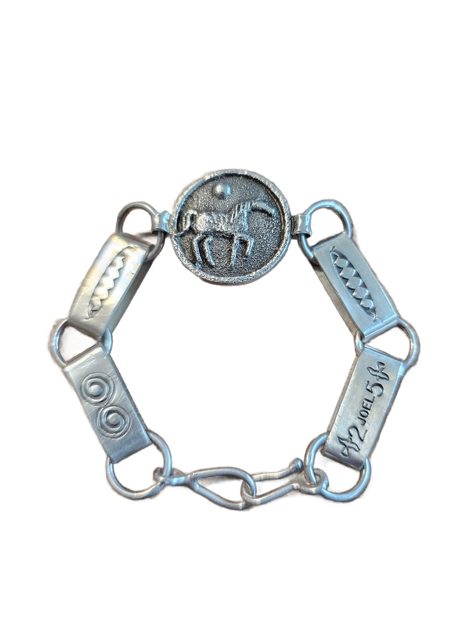 Joel Pajarito (Kewa) Sterling Silver Turquoise Reversible Bracelet, Tufa Cast Horse: Sterling silver bracelet by Kewa (Santo Domingo Pueblo) silversmith Joel Pajarito, featuring a reversible central element with turquoise cabochon on one side and a tufa cast horse motif on the reverse