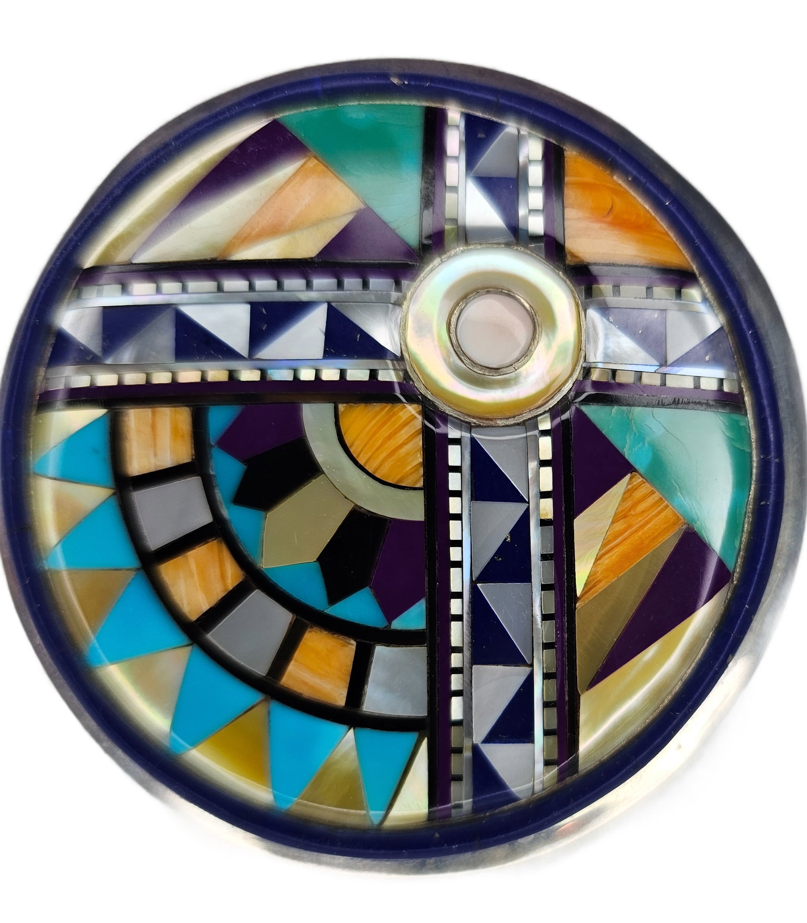 Sterling Silver Geometric Inlay Disc Brooch/Pendant, Southwestern Style: Sterling silver disc-form brooch/pendant featuring a bold geometric inlay design in a Southwestern style.The composition is arranged in an abstract, architectural pattern incorporating turquoise-color