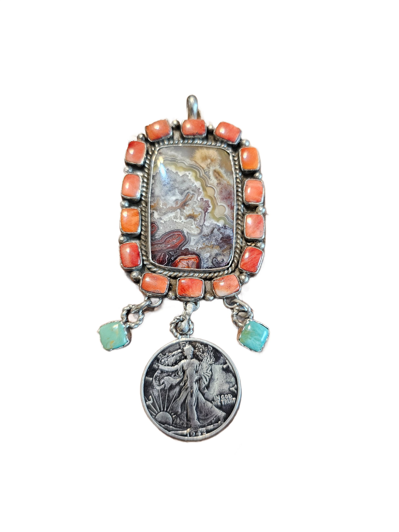 Attributed to Betty Yellowhorse (Diné/Navajo) Sterling Silver Pendant with Lace Agate, Coral,: Sterling silver pendant attributed to Diné (Navajo) artist Betty Yellowhorse, featuring a large rectangular lace agate cabochon with pronounced banding and landscape-like formations.The agate is set 