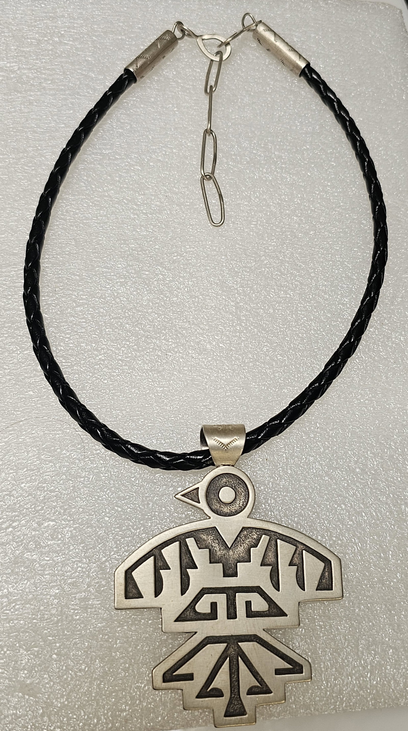 Contemporary Kewa Pueblo Sterling Silver Thunderbird Necklace By Award-Winning Silversmith Joe Chave: Exceptional contemporary Native American sterling silver thunderbird necklace handcrafted by acclaimed Kewa Pueblo (Santo Domingo Pueblo) silversmith Joe Chavez in collaboration with his wife, LeJeune