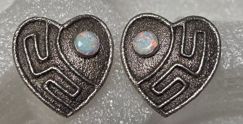 Cordell Pajarito Kewa Pueblo Tufa Sandcast Sterling Silver & Opal Earrings: Striking contemporary sterling silver earrings handcrafted in the traditional tufa sandcasting technique by Kewa Pueblo (Santo Domingo Pueblo) artist Cordell Pajarito, from the celebrated Pajarito/Lov