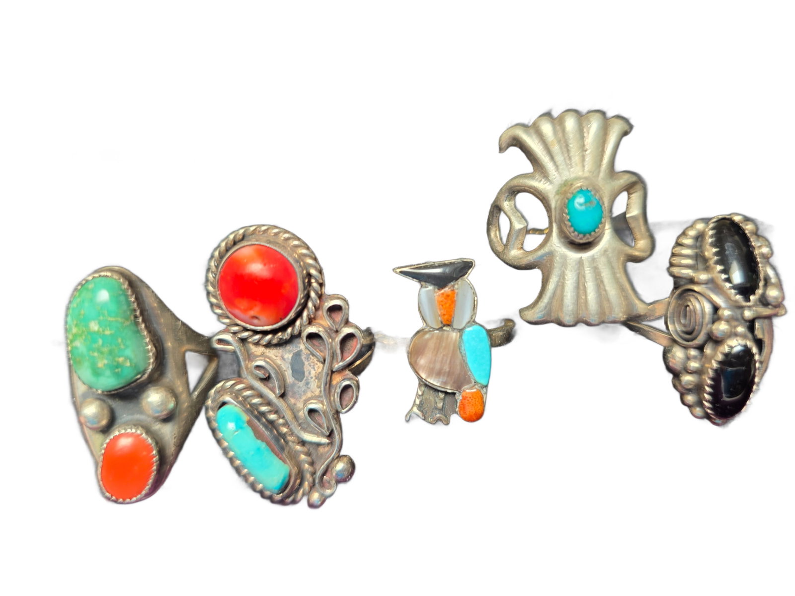Southwestern & Native American Sterling Silver Ring Collection – Turquoise, Coral, Onyx & Inlay: Distinctive collection of five Southwestern and Native American style sterling silver rings featuring a vibrant assortment of turquoise, coral, onyx, and multi-stone inlay designs. This wearable group