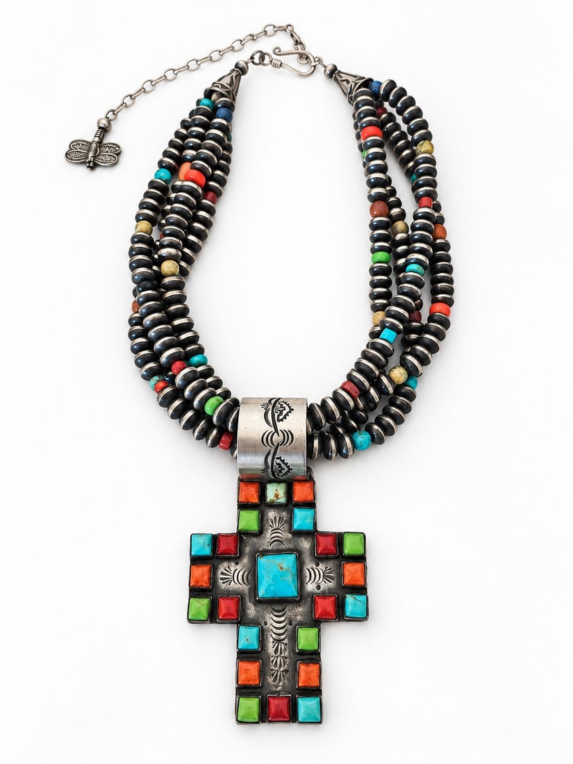 Rocki Gorman Sterling Silver Multi-Strand Cross Necklace 179.75g: Substantial Rocki Gorman sterling silver necklace featuring multiple strands of black-and-silver beads with colorful accent beads and a large sterling silver cross pendant. The pendant is set with tur