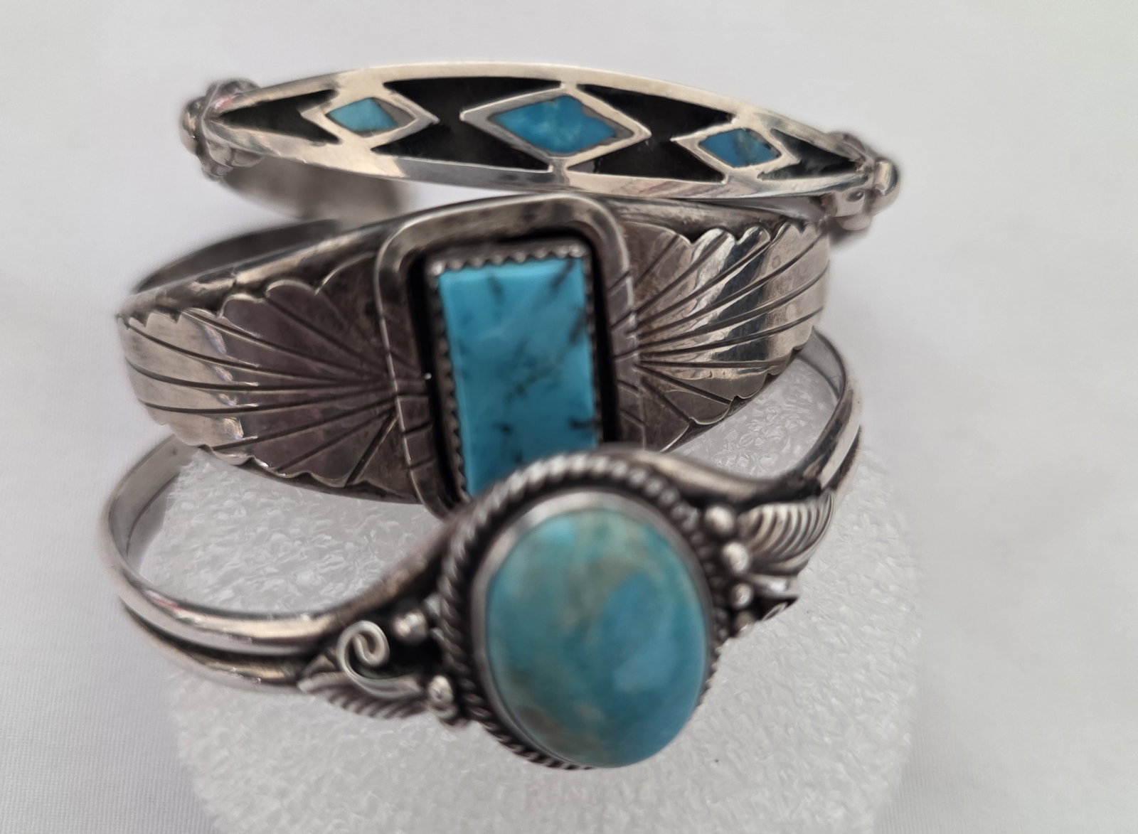 Three Vintage Turquoise Sterling Stacker Cuffs, One Signed Thomas J 51.39g (1 of 8)