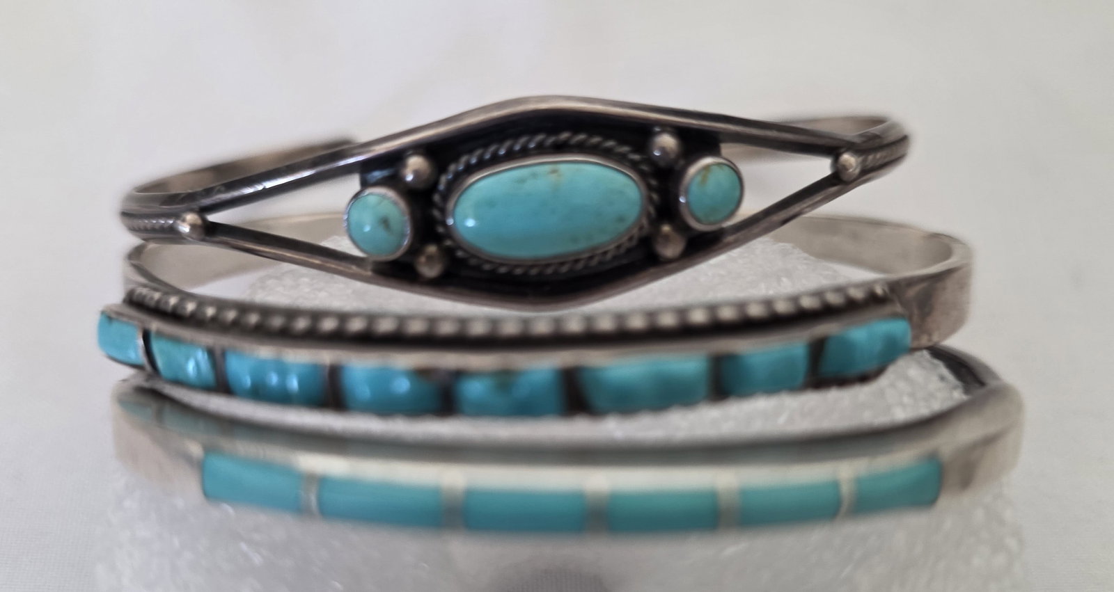 Three Sterling Silver Turquoise Stacker Cuff Bracelets Lot 34.12g (1 of 5)