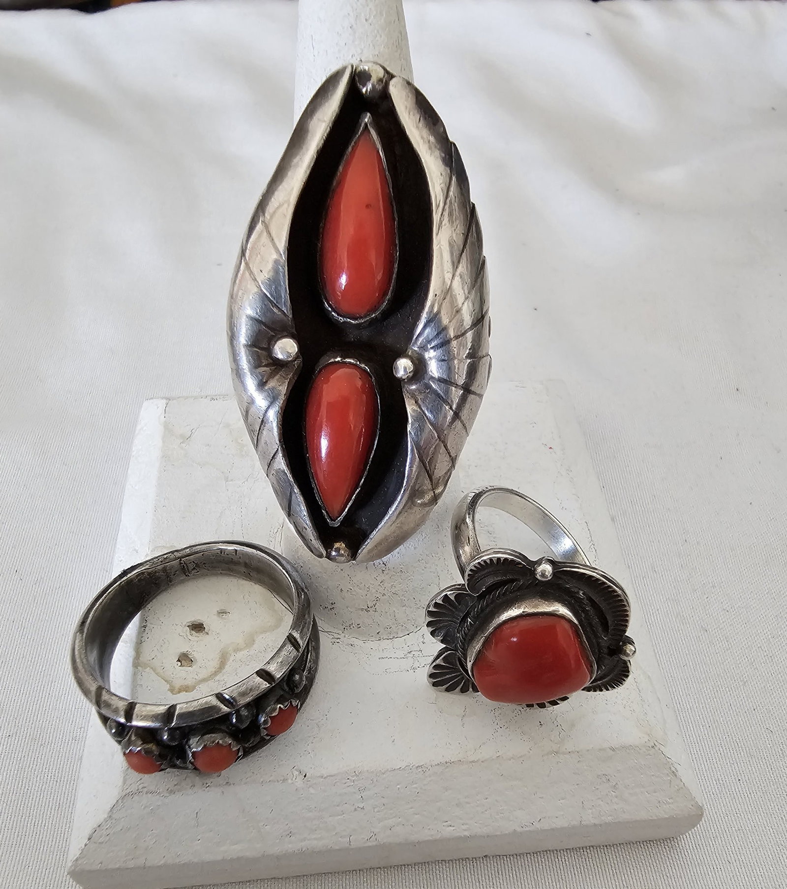 Herbert Ration Navajo & Milton Lasiloo Zuni Coral Ring Lot (1 of 7)