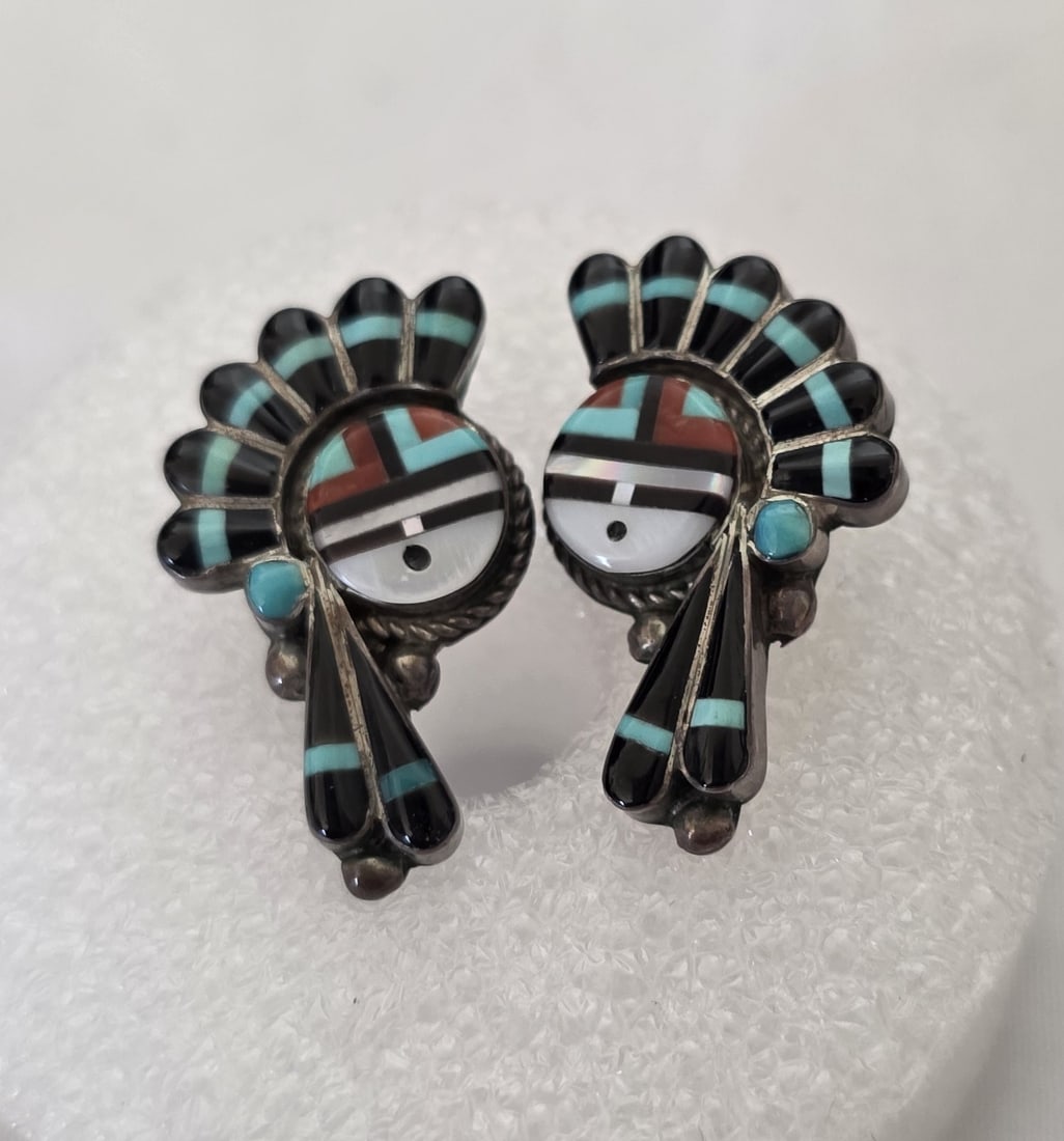 Gerald L. Zuni Sterling Silver Sunface Inlay Earrings 6.72g (1 of 2)