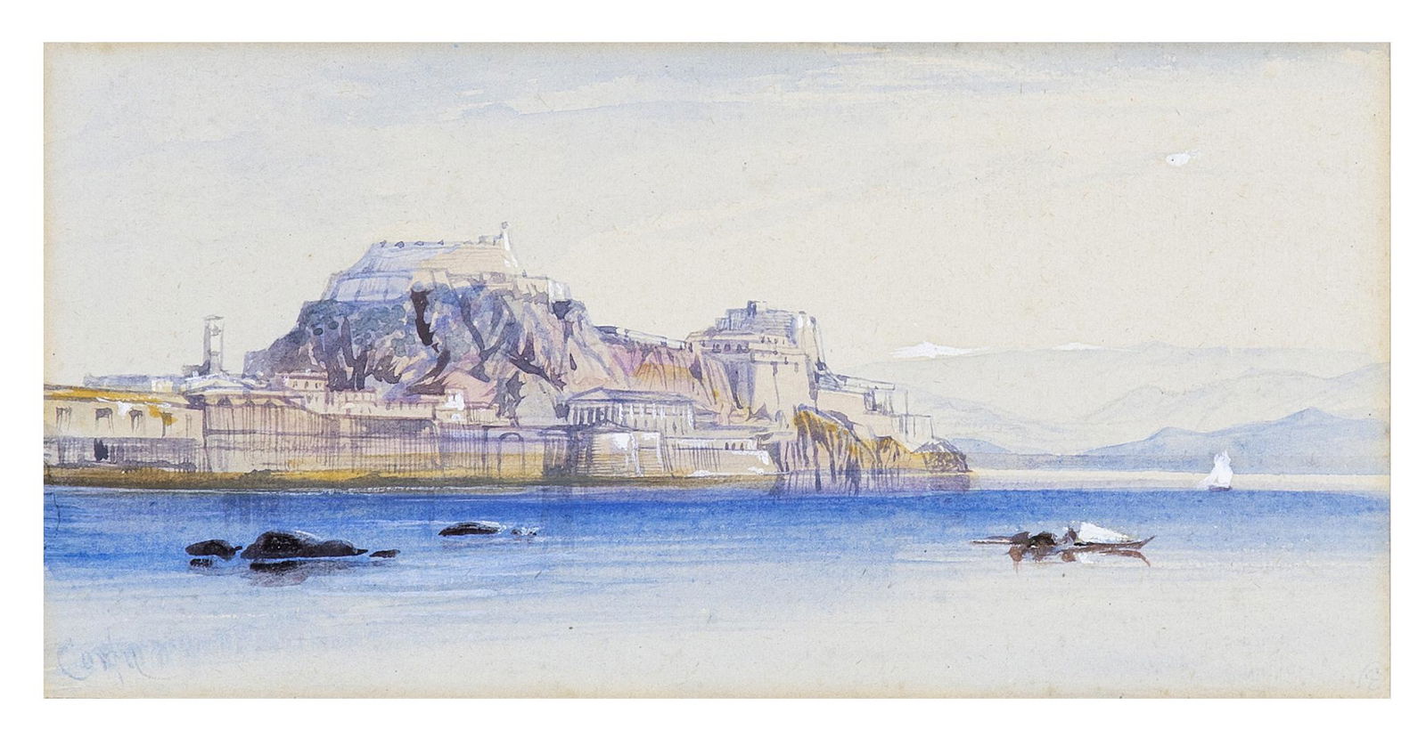 Edward Lear (British, 1812-1888) Corfu (inscribed: Edward Lear (British, 1812-1888) Corfu inscrit 'Corfu' (en bas à gauche) aquarelle sur papier 12 x 20.5cm (4 3/4 x 8 1/16in). inscribed (lower left) watercolour on paper Fo