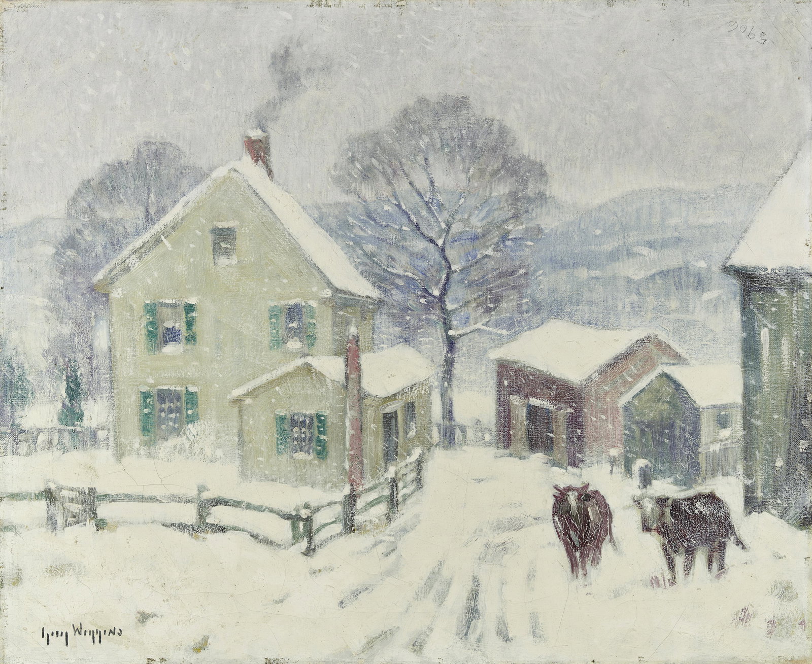 Guy Carleton Wiggins (1883-1962) A Winter's Day 20 x 24: Guy Carleton Wiggins (1883-1962) A Winter's Day signed 'Guy Wiggins' (lower left) and inscribed with title and signed again (on the reverse) oil on canvas 20 x 24 1/8in (50.8 x 61.3cm) Footnotes: