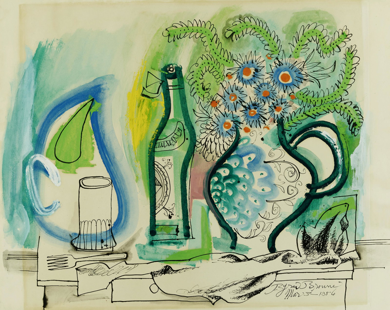 Byron Browne (1907-1961) Still Life 20 x 25in (50.8 x: Byron Browne (1907-1961) Still Life signed and dated 'Byron Browne / Mar 3 - 1956' (lower right) and signed and dated again and inscribed with title (on the reverse) watercolor, gouache, and ink on pa