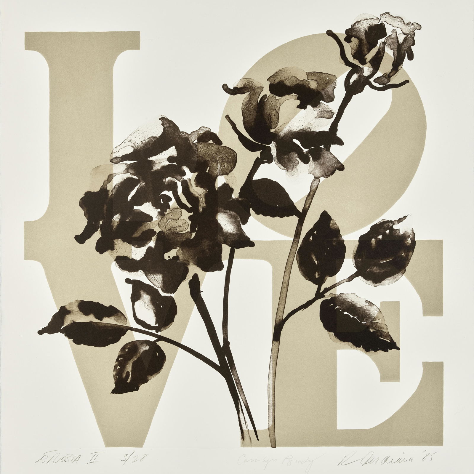 Robert Indiana & Carolyn Brady; Erosia II;: Robert Indiana & Carolyn Brady Erosia II, 1985 Lithograph on wove paper, signed in pencil, titled, dated and numbered 3/28, published by Vinalhaven Press, Vinalhaven, Maine, with full margins. 20 1/2