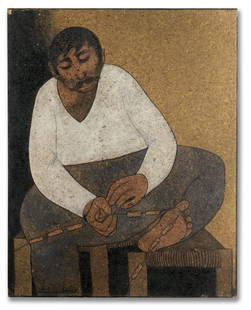 Louay Kayyali (Syria, 1934-1978) The Fisherman: Louay Kayyali (Syria, 1934-1978)The Fisherman Preparing His Net oil on masonite, framedsigned 'Louay Kayyali' and dated '1973' in Arabic (lower left), executed in 197395 x 75cm (37 3/8 x 29