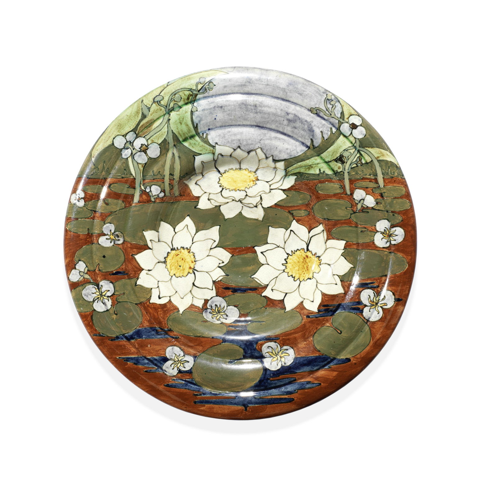 Rozenburg Wall charger with waterlilies, 1896: Rozenburg Wall charger with waterlilies, 1896 Earthenware, polychrome decoration. 57cm diameter Painted to reverse with Rosenburg Den Haag mark, with 'stork' and NKx/675.