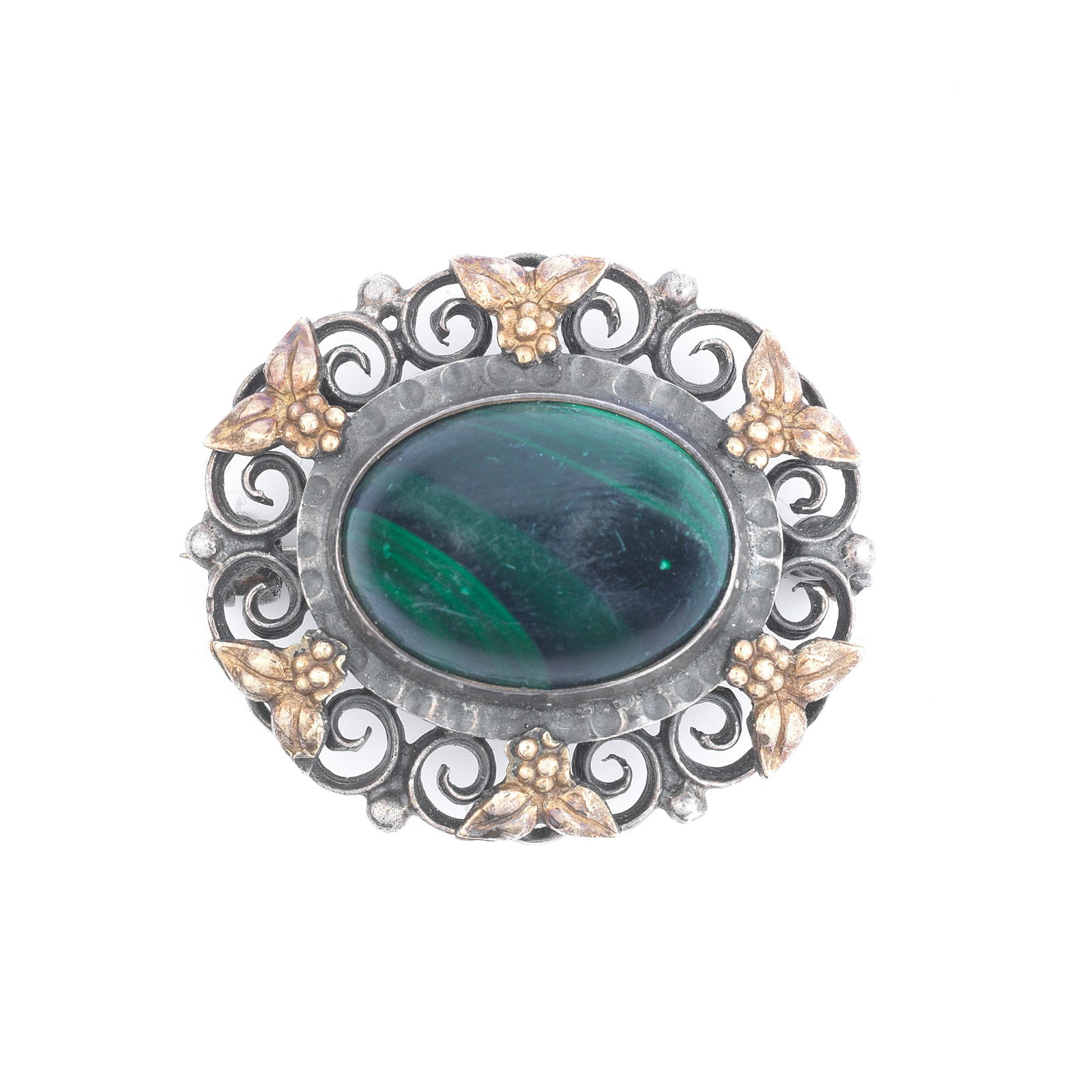 Bernard Instone Malachite and silver brooch, circa: Bernard Instone Malachite and silver brooch, circa 1935 2.5 x 3 cm Reverse with stamped plaque 'B.I/MADE IN ENGLAND/SILVER'.
