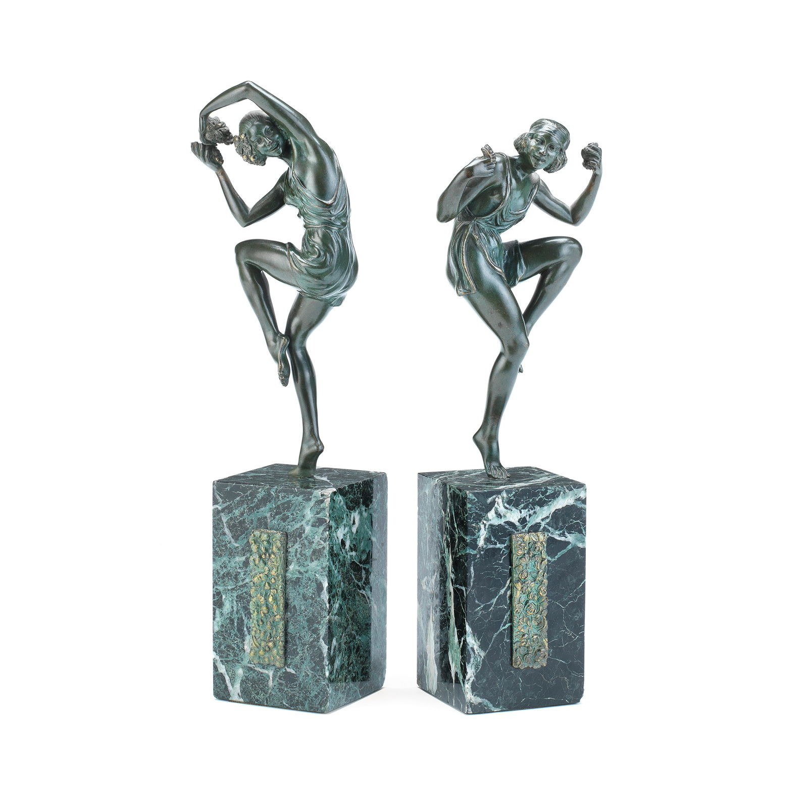 Pierre Laurel Pair of Art Deco figural sculptures,: Pierre Laurel Pair of Art Deco figural sculptures, circa 1930 Bronze, veined marble plinth bases, with inlaid decorative metal plaques. 33.5cm high Inscribed (faintly) to both bases P.Laurel. (2)