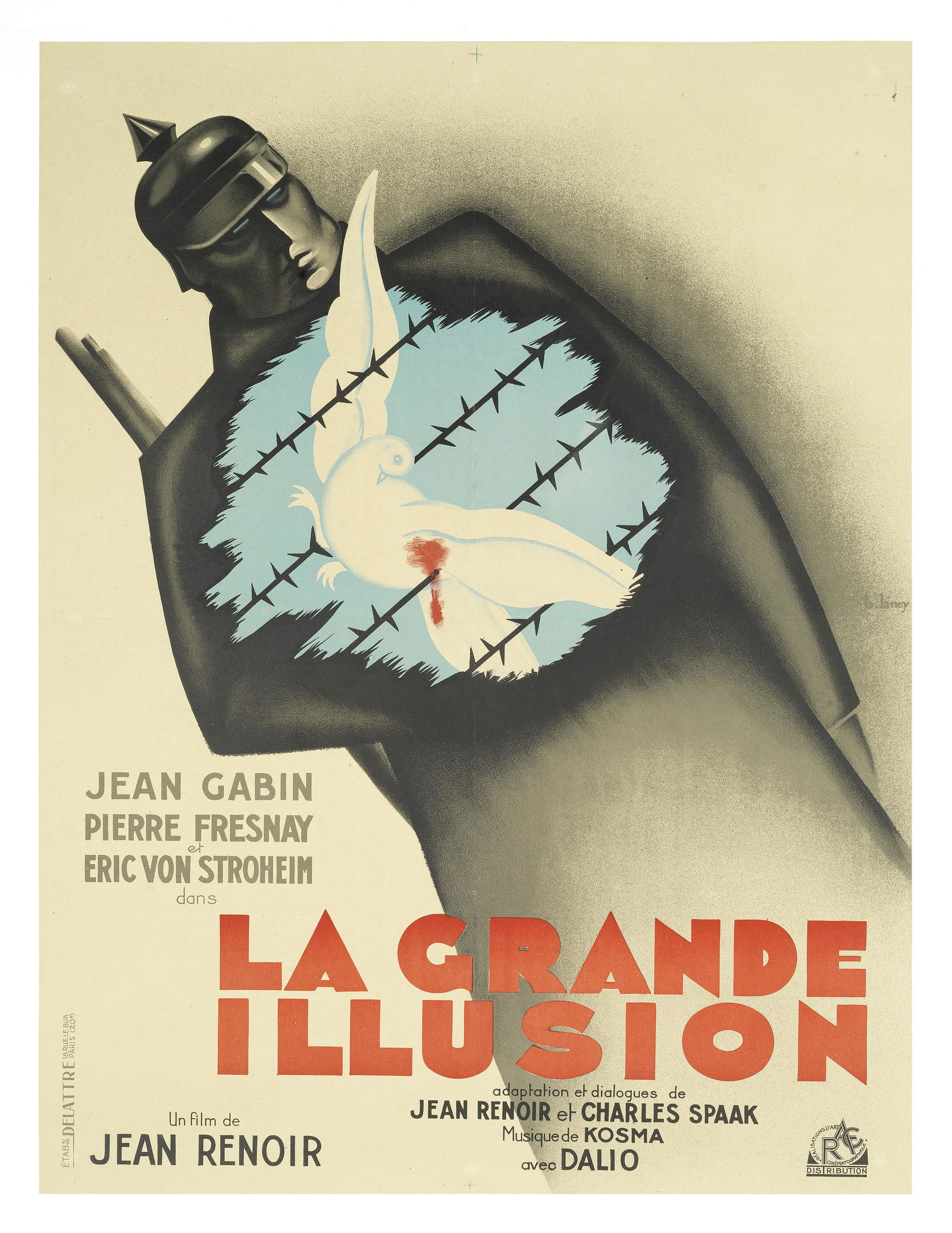 BERNARD LANCY (1892-1964) LA GRANDE ILLUSION, RAC,: BERNARD LANCY (1892-1964) LA GRANDE ILLUSION, RAC, re-release lithographic poster in colours, 1945, cond. A, backed on linen 31 x 24ins. (79 x 61cm.) This lot is subject to the following lot symbols: