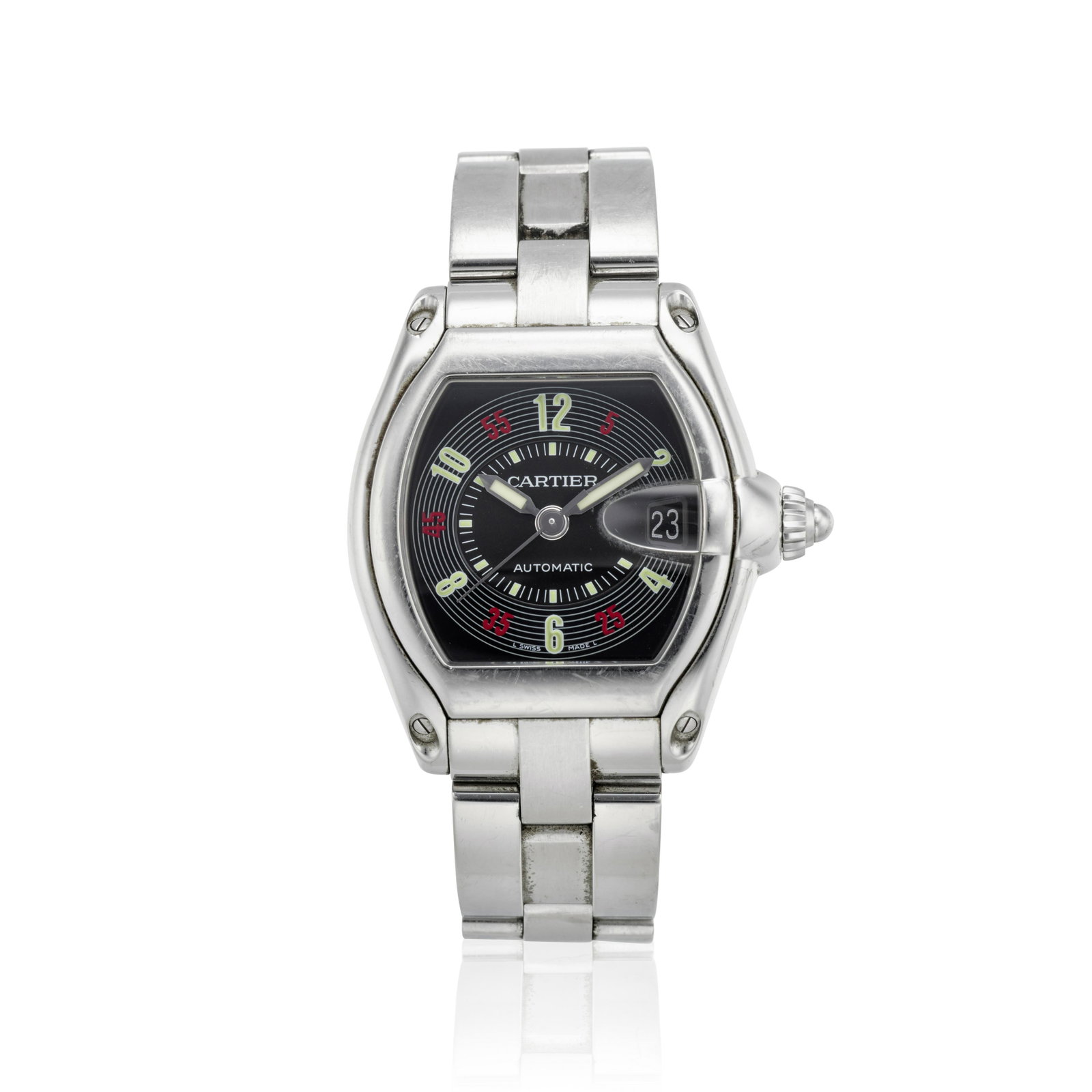 CARTIER. A STAINLESS STEEL AUTOMATIC CALENDAR BRACELET: CARTIER. A STAINLESS STEEL AUTOMATIC CALENDAR BRACELET WATCH Model: Roadster Reference: 2510 Date: c.2000s Movement: 21-jewel ETA Cal.2892A2 automatic Dial: Black, luminous Arabic numerals, white inne