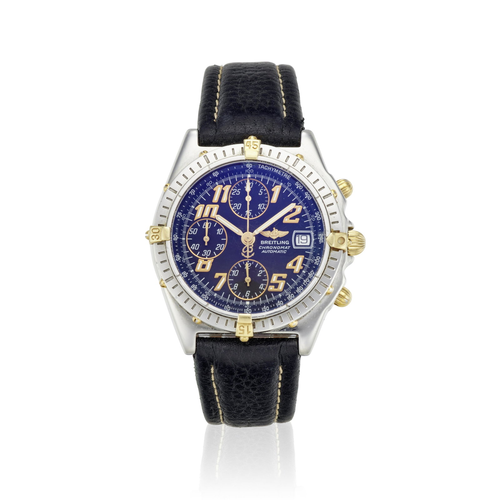BREITLING. A STAINLESS STEEL AUTOMATIC CALENDAR: BREITLING. A STAINLESS STEEL AUTOMATIC CALENDAR CHRONOGRAPH WRISTWATCH Model: Chronomat Reference: B13050.1 Date: Sold 10th December, 1999 Movement: 25-jewel ETA Cal.7750 automatic Dial: Blue, luminou