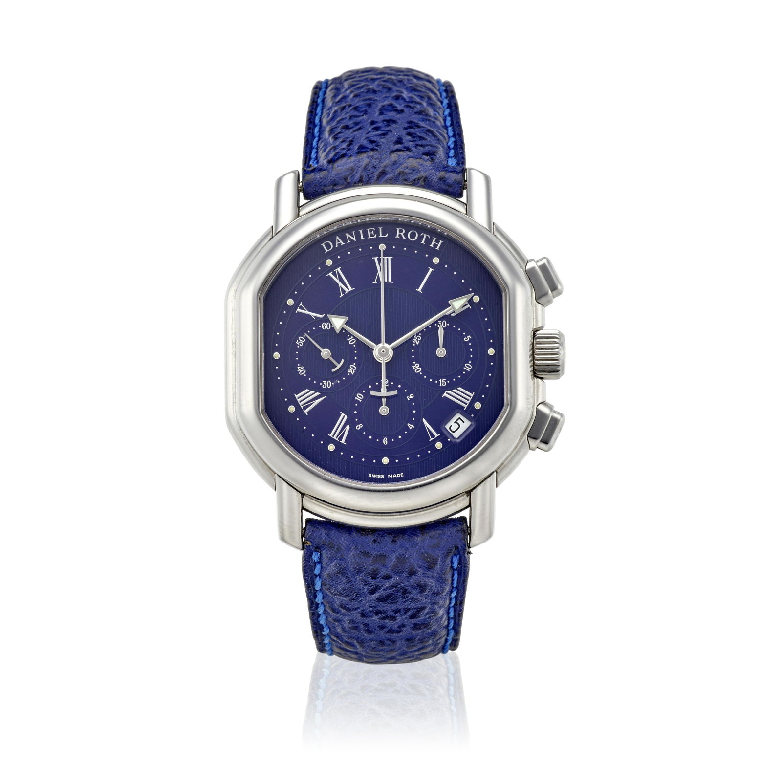 DANIEL ROTH. A STAINLESS STEEL AUTOMATIC CALENDAR: DANIEL ROTH. A STAINLESS STEEL AUTOMATIC CALENDAR CHRONOGRAPH WRISTWATCH Movement: 31-jewel Cal.DR500 automatic Dial: Blue, silver Roman numerals, applied polished luminous filled dots and silver oute