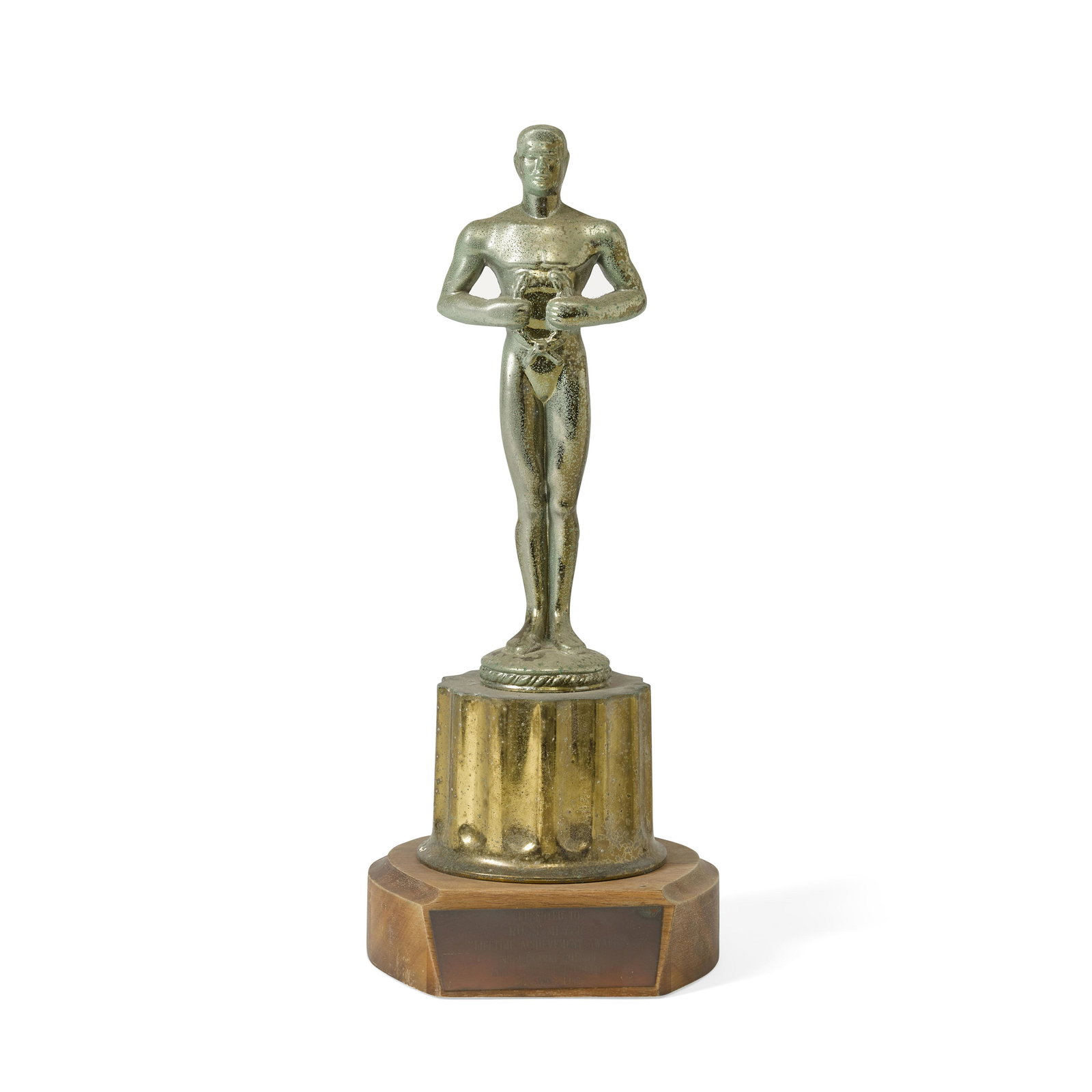 A Russ Meyer group of awards: A Russ Meyer group of awards Comprising a gilt metal statuette of a man (similar in style to the Academy Award®) upon a wooden base with a plaque inscribed, 'Presented to / Russ Meyer / 'Lifetime