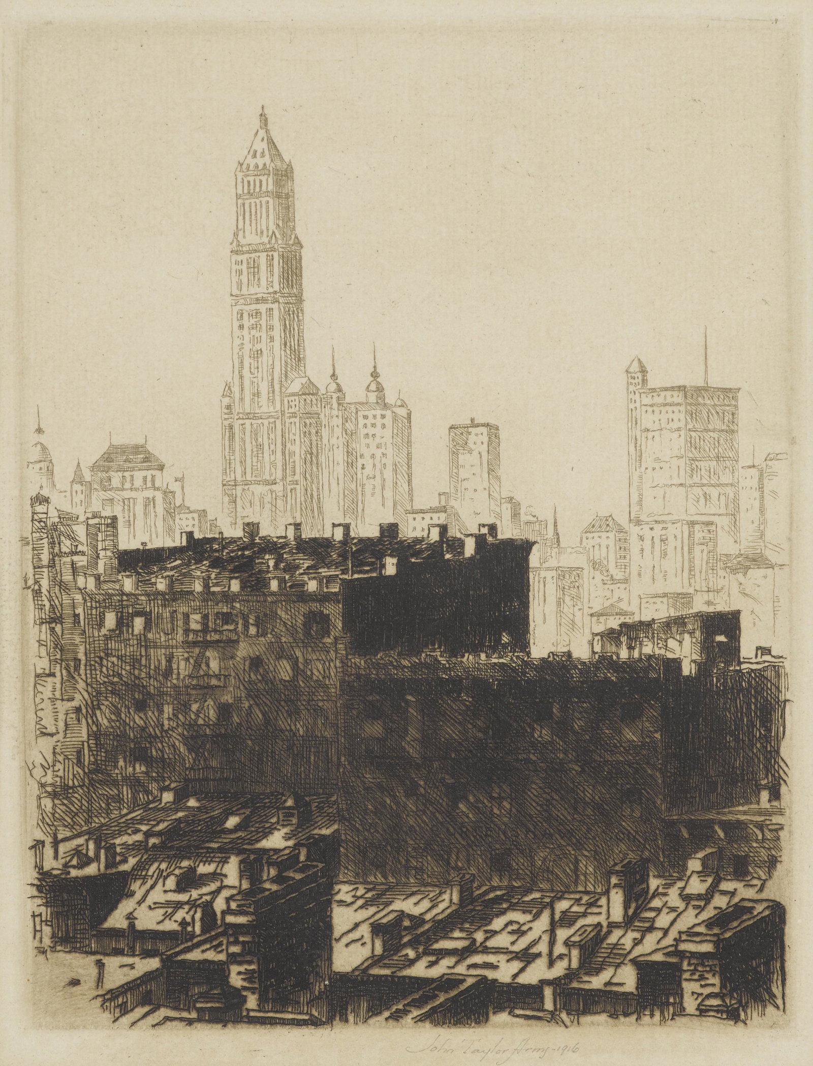 John Taylor Arms (1887-1953); Out of My Window (Vista,: John Taylor Arms (1887-1953) Out of My Window (Vista, My Own); An American Cathedral (The Woolworth Building) (Fletcher 4; 107), 1916; 1921 Etchings, on various papers, each signed in pencil and (F. 1